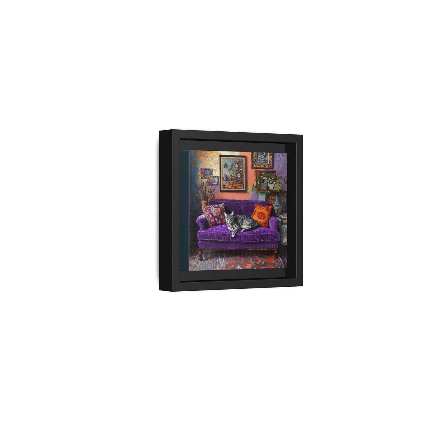 Tabby "House Cat" on Purple Velvet Sofa Matte Canvas Framed | Wall Art