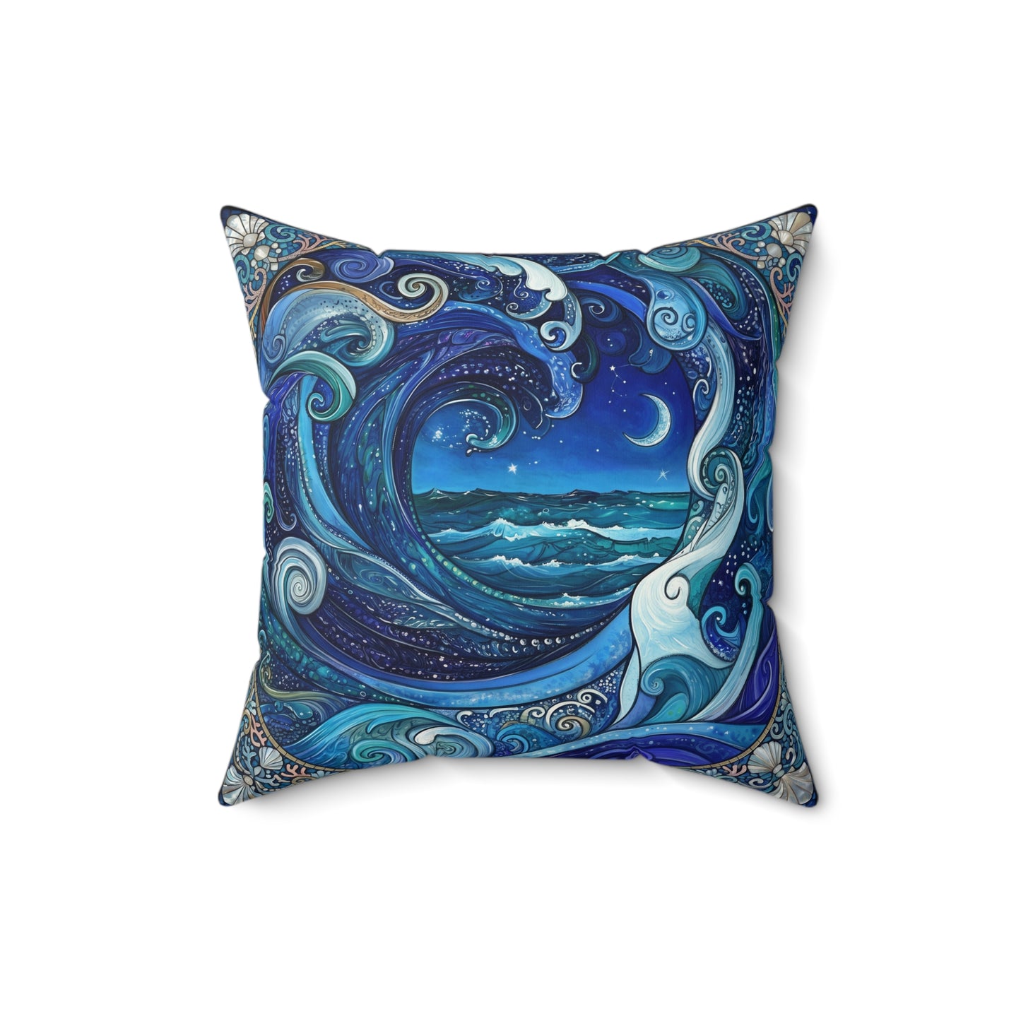 Ocean Wave Moonnight Pillow Blue Nautical Art Square Pillow