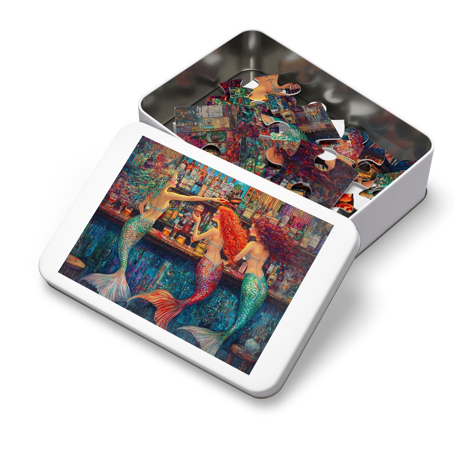 Mermaid Bar Scene Jigsaw Puzzle with Tin | Colorful Ocean Sirens