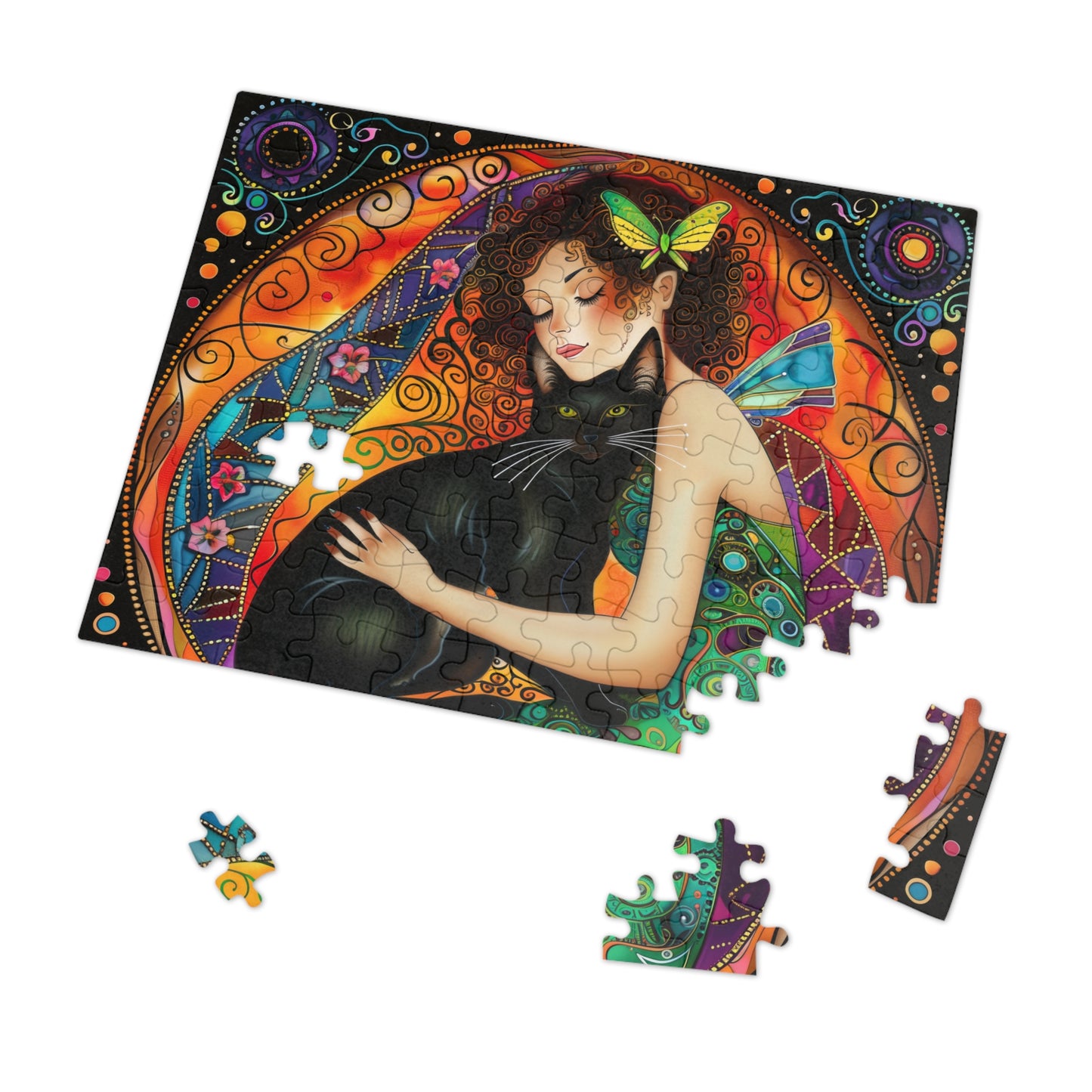 Fairy Embracing Black Cat Jigsaw Puzzle with Tin | Colorful Boho Art