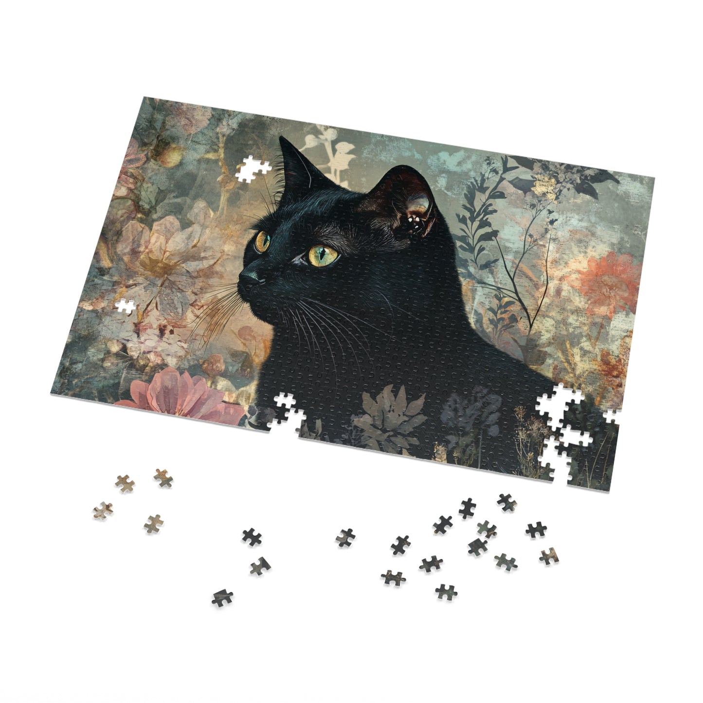 Black Cat Floral Art Jigsaw Puzzle with Tin