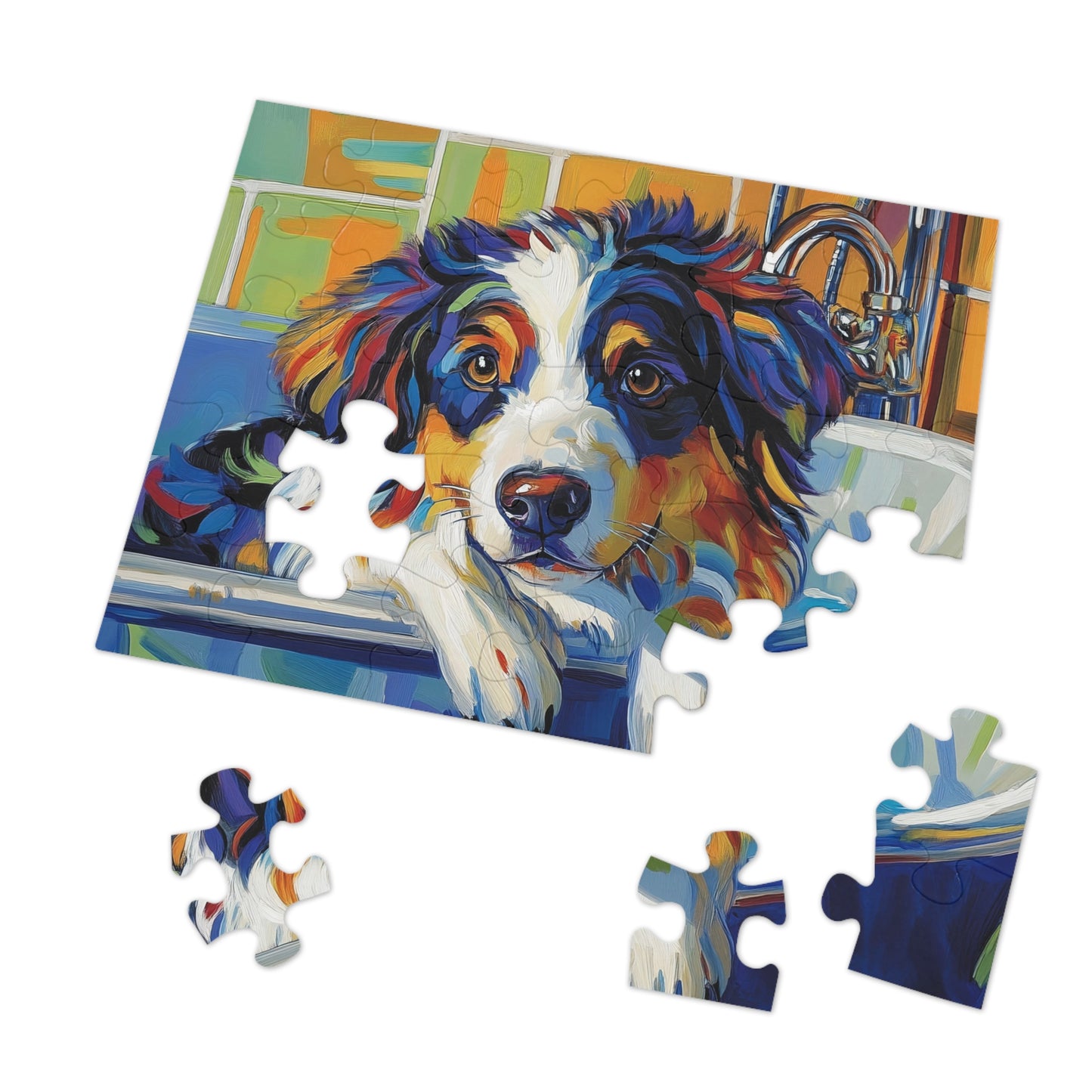 Bathtub Puppy Aussie Dog Jigsaw Puzzle with Tin | 500pc Painted Pet Art, Australian Shepherd Gift