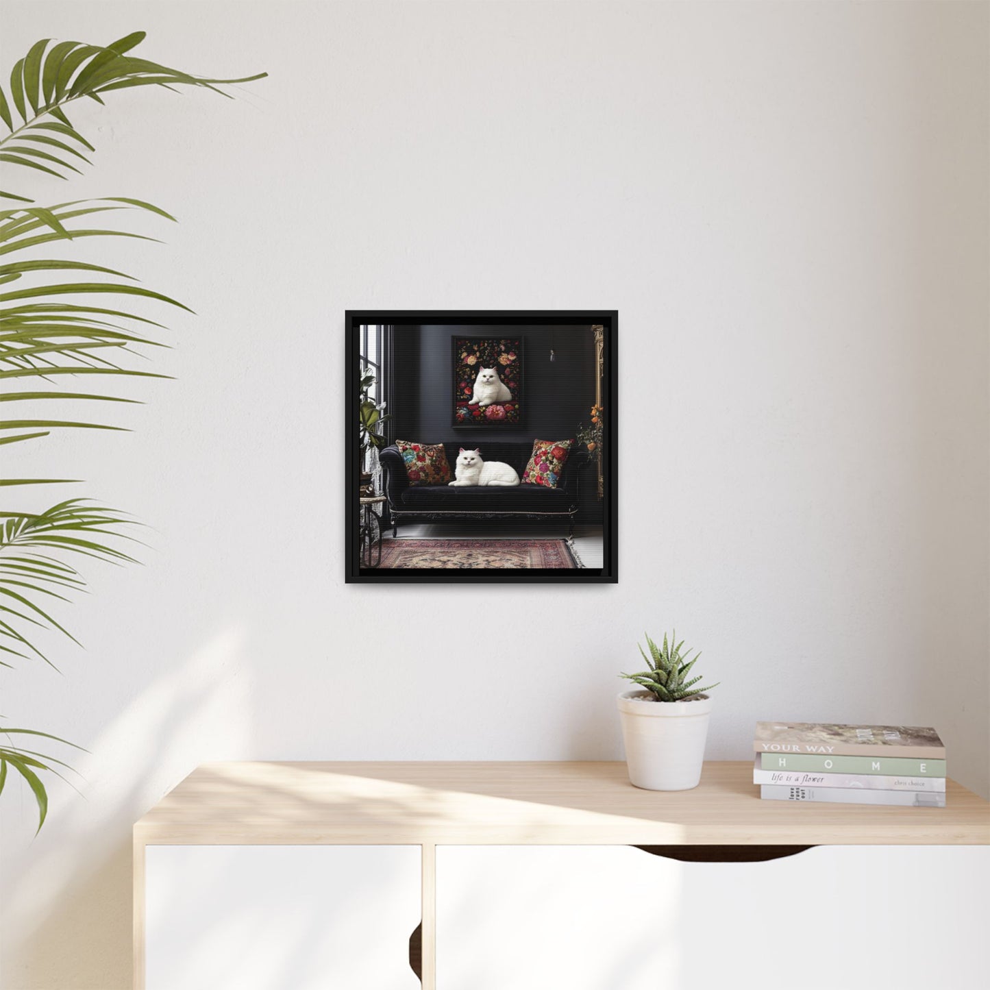 White Persian "House Cat" Portrait Matte Canvas Framed | Floral Still Life Wall Art