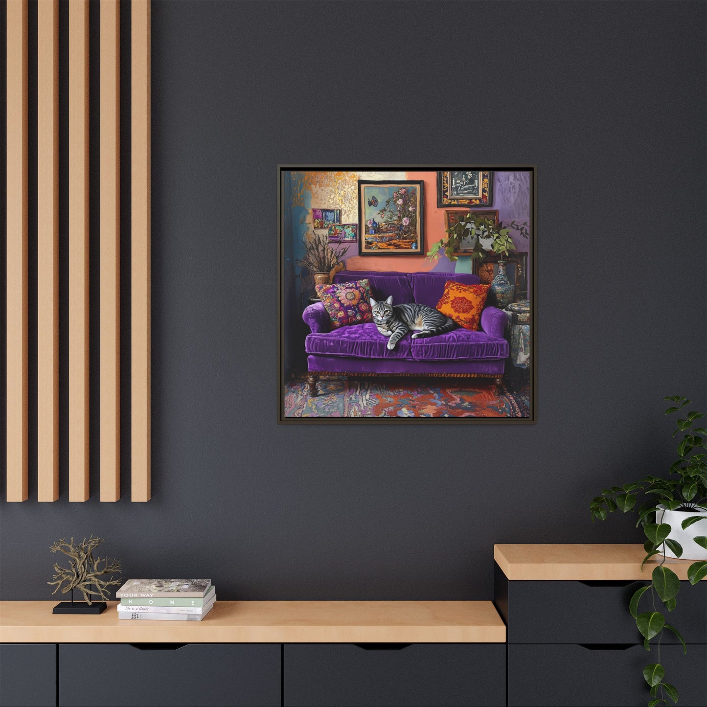 Tabby "House Cat" on Purple Velvet Sofa Matte Canvas Framed | Wall Art