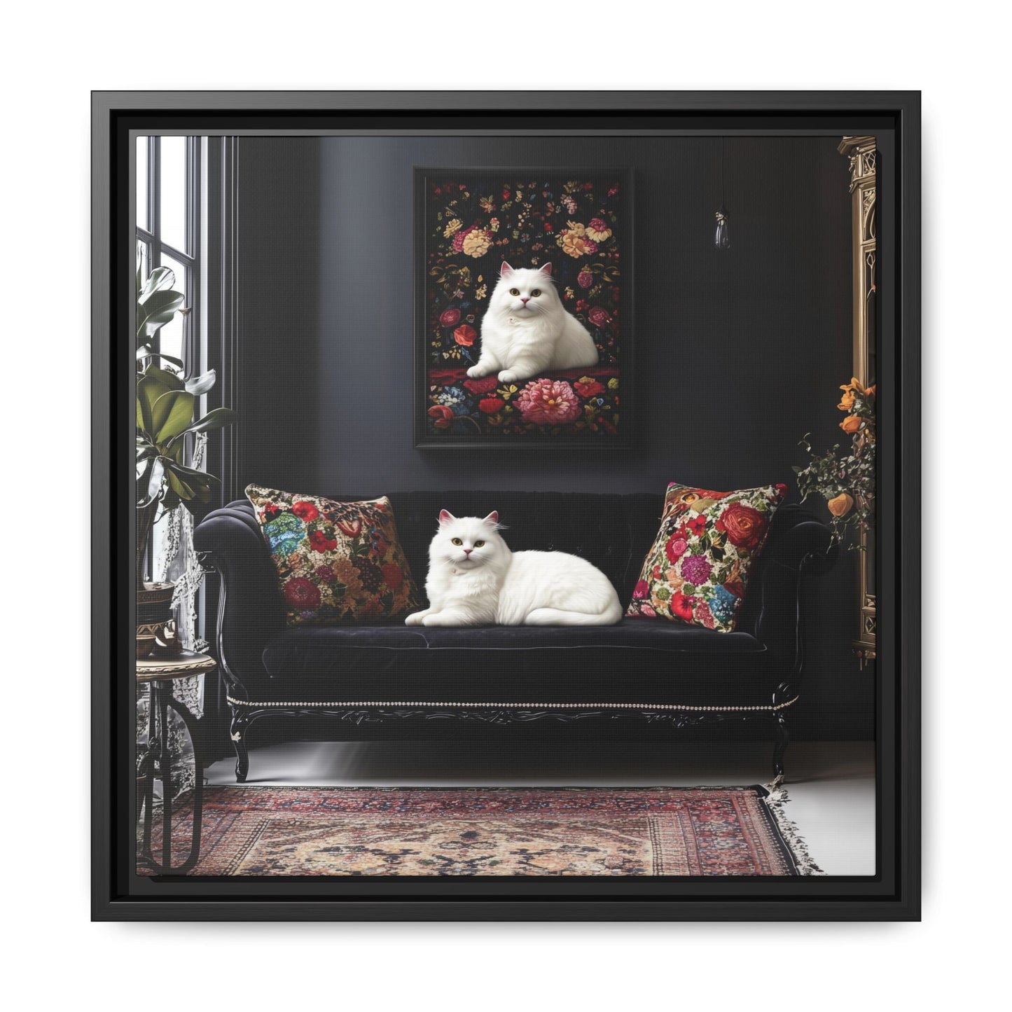 White Persian "House Cat" Portrait Matte Canvas Framed | Floral Still Life Wall Art
