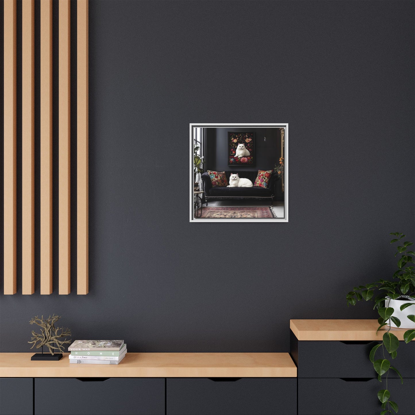 White Persian "House Cat" Portrait Matte Canvas Framed | Floral Still Life Wall Art