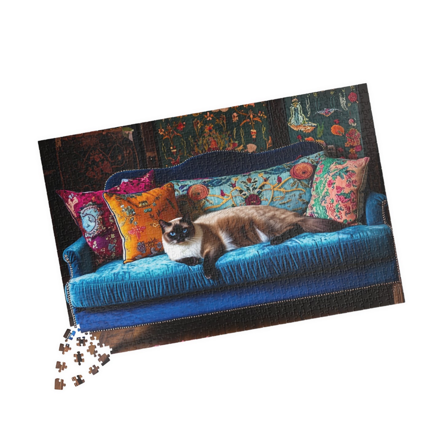 Siamese "House Cat" on Blue Velvet Sofa Puzzle | 252/520/1014-piece Jigsaw