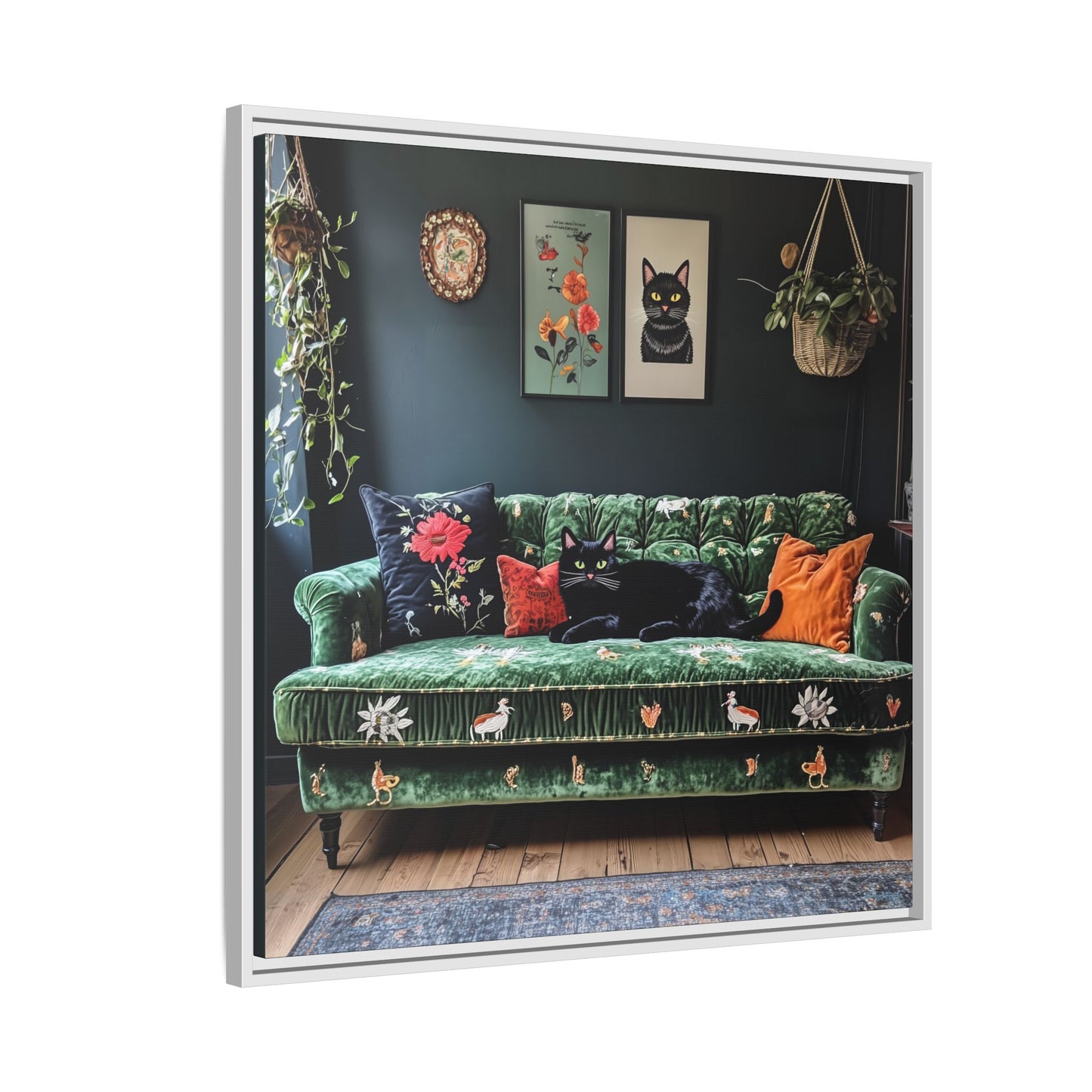 Black "House Cat" Living Room Art Matte Canvas Framed, Green Sofa Boho