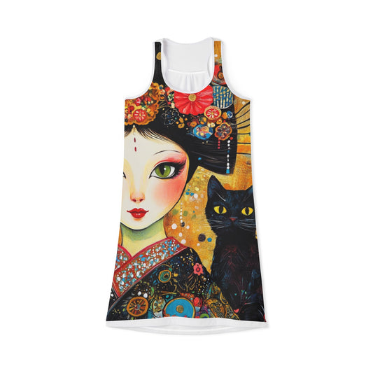 Geisha Cat Women’s Racerback Dress with Cat Design | Summer Fashion, Casual Dress, Beachwear, Festival Attire, Unique Gift