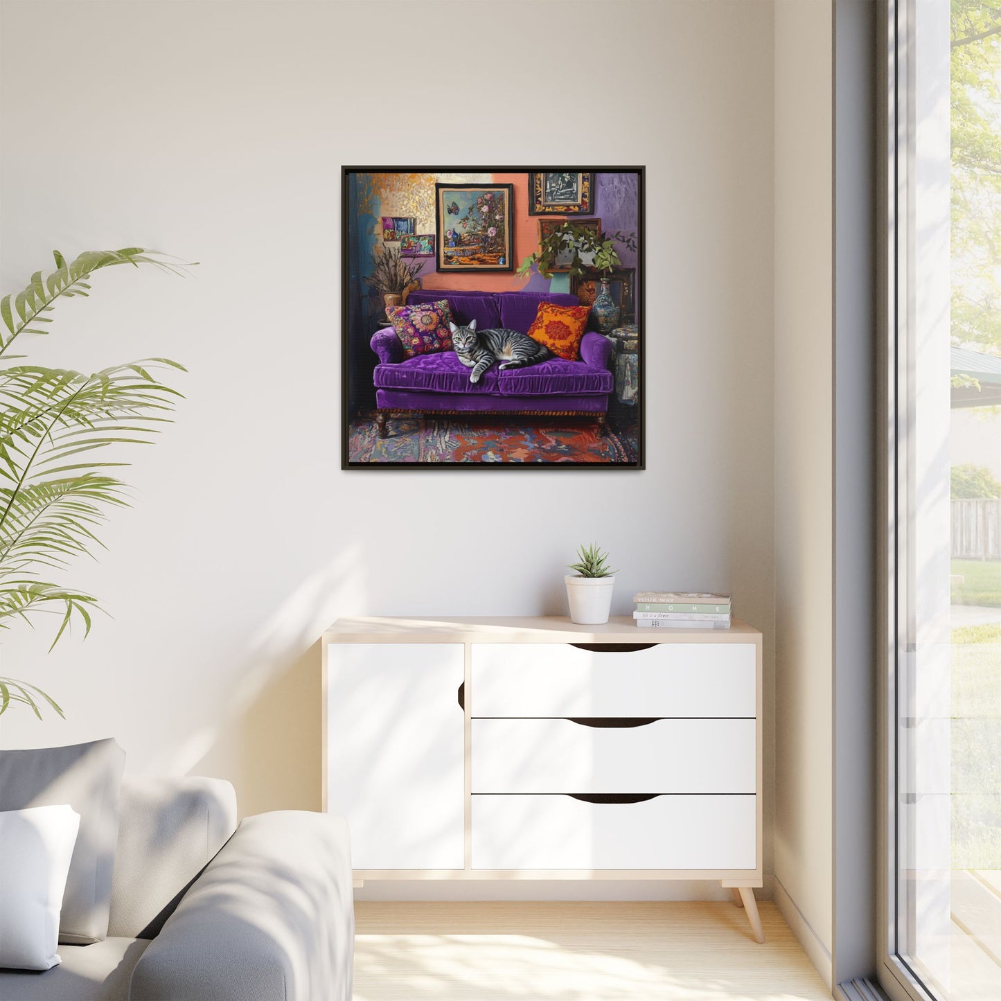 Tabby "House Cat" on Purple Velvet Sofa Matte Canvas Framed | Wall Art