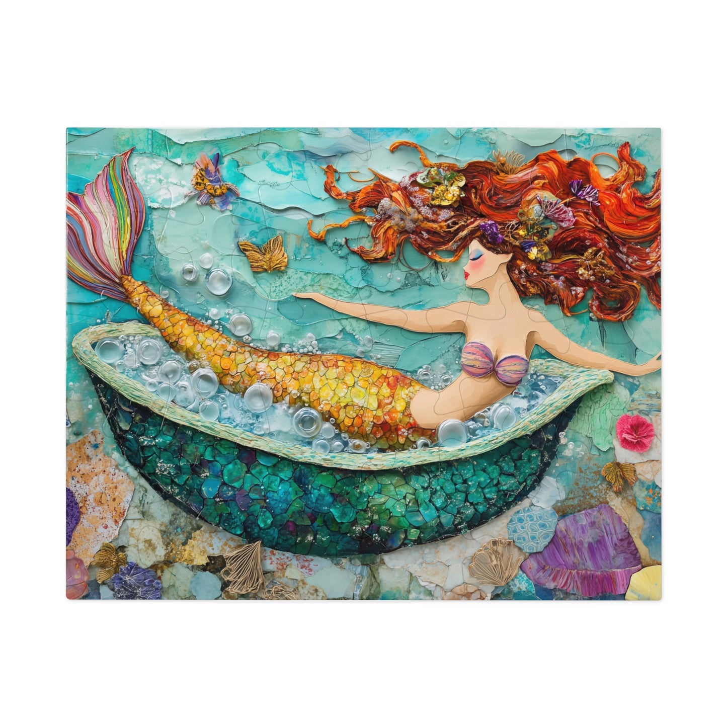 Bubbles Mermaid Bath Tub Jigsaw Puzzle with Tin | Colorful Redhead Mermaid Art Puzzle