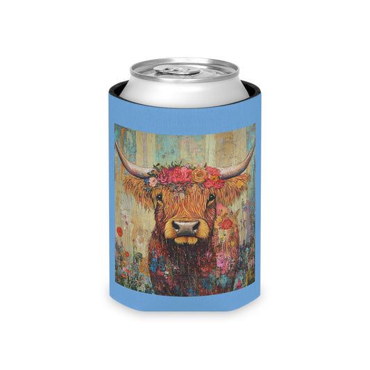 Blooming Highland Cow Can Cooler, Flower Decor, Unique Gift, Farmhouse Style, Outdoor Fun, Party Accessory