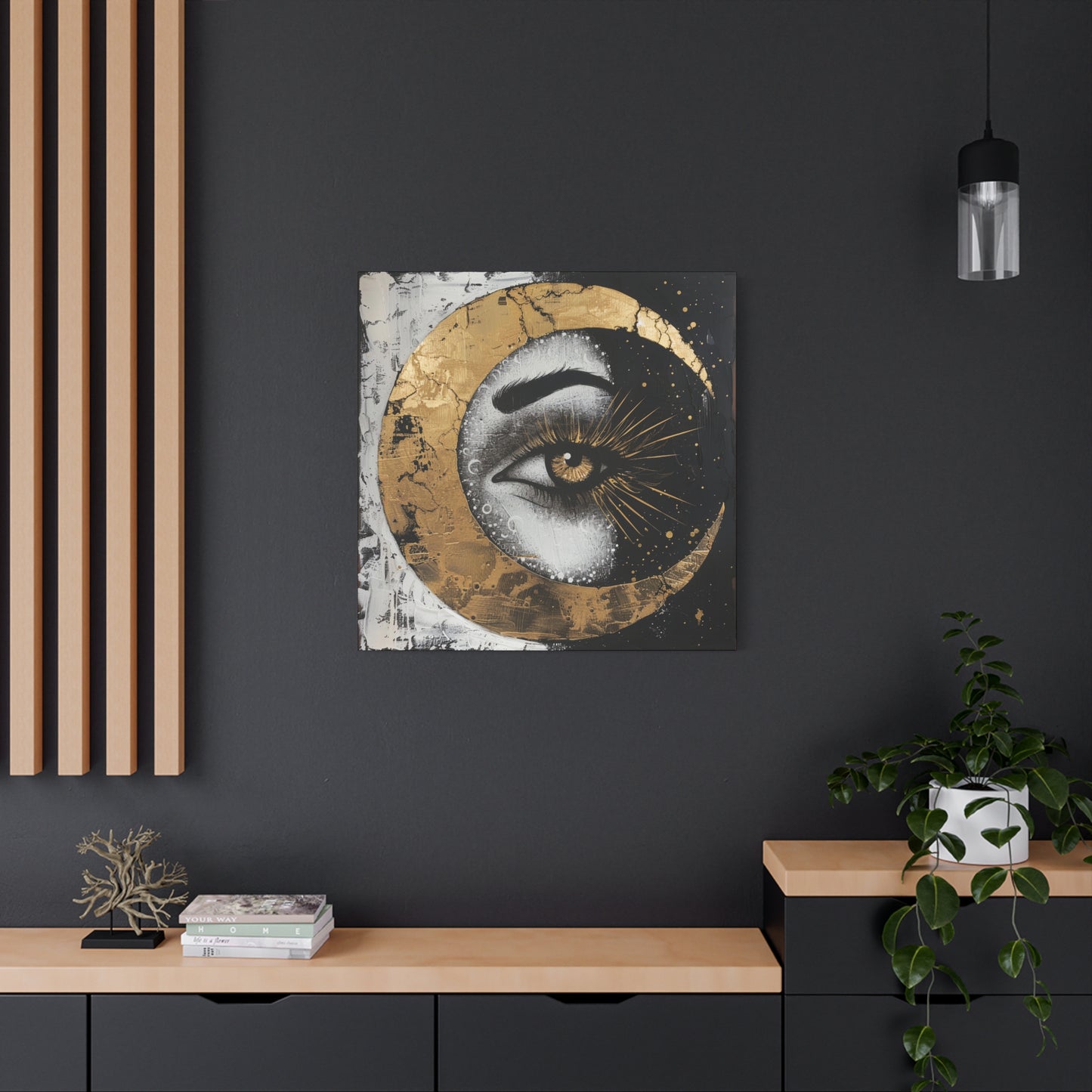 Celestial Eye Canvas Art, Gold Moon Wall Decor, Modern Home Aesthetic, Spiritual Artwork, Gift for Meditation, Boho Living Room Accent