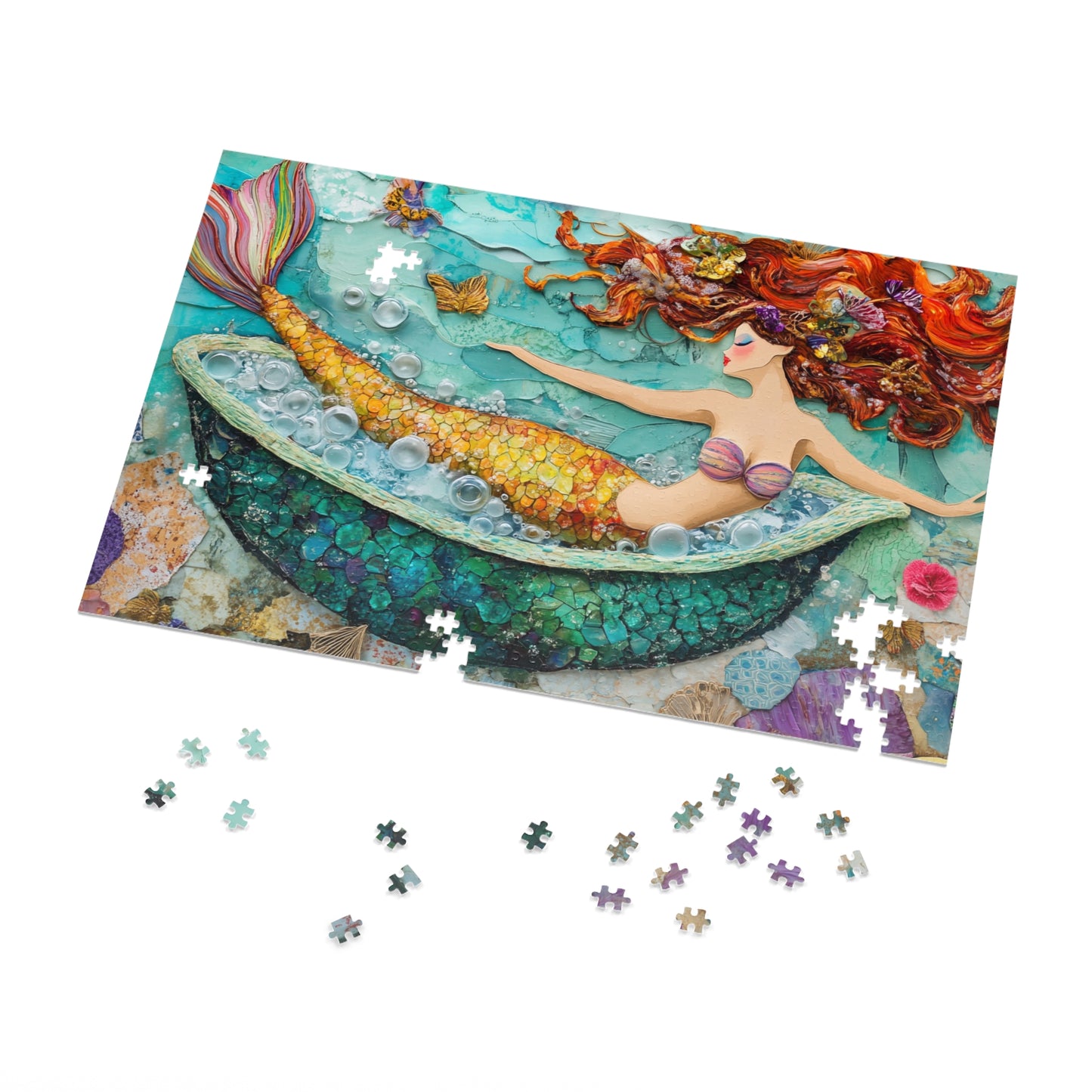 Bubbles Mermaid Bath Tub Jigsaw Puzzle with Tin | Colorful Redhead Mermaid Art Puzzle