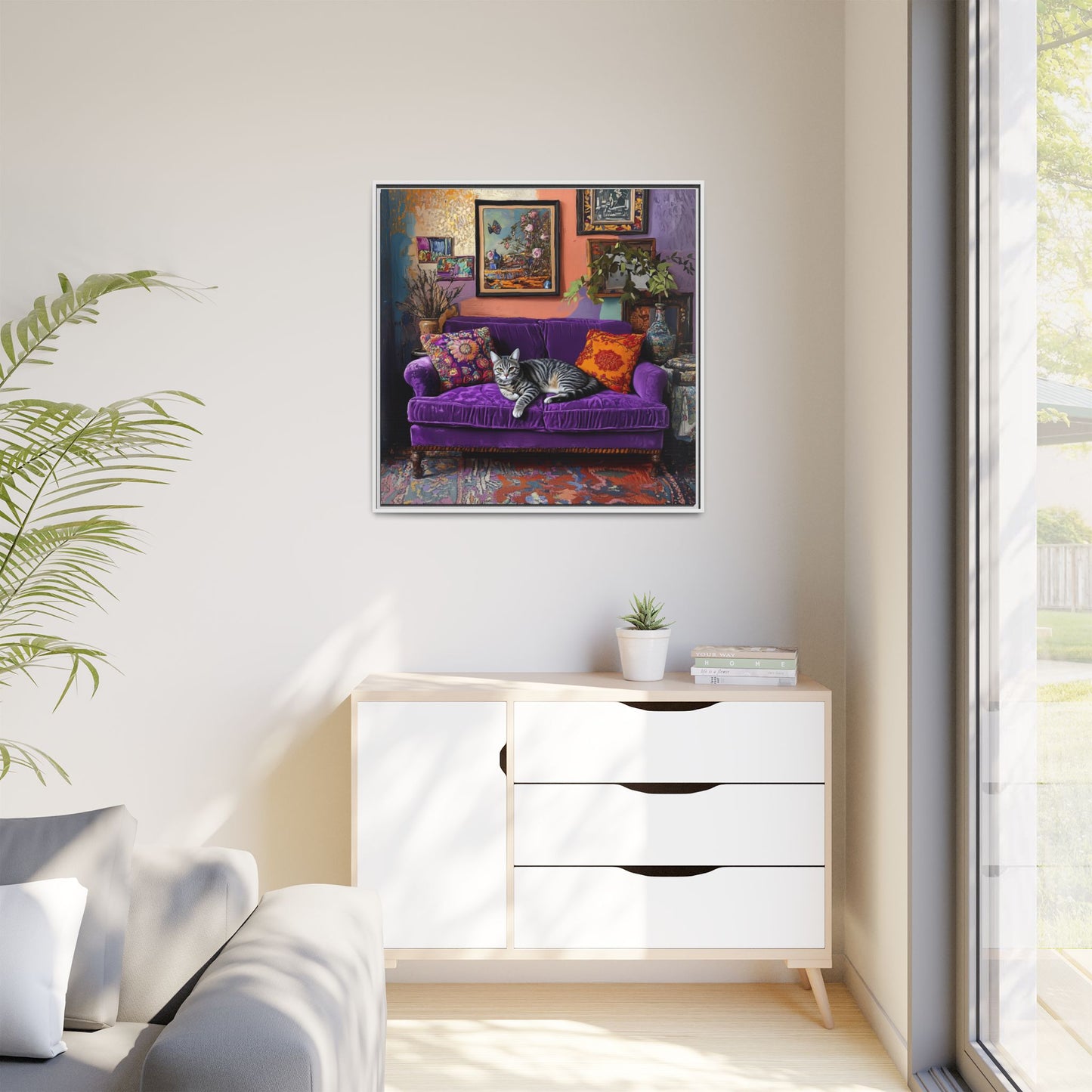 Tabby "House Cat" on Purple Velvet Sofa Matte Canvas Framed | Wall Art