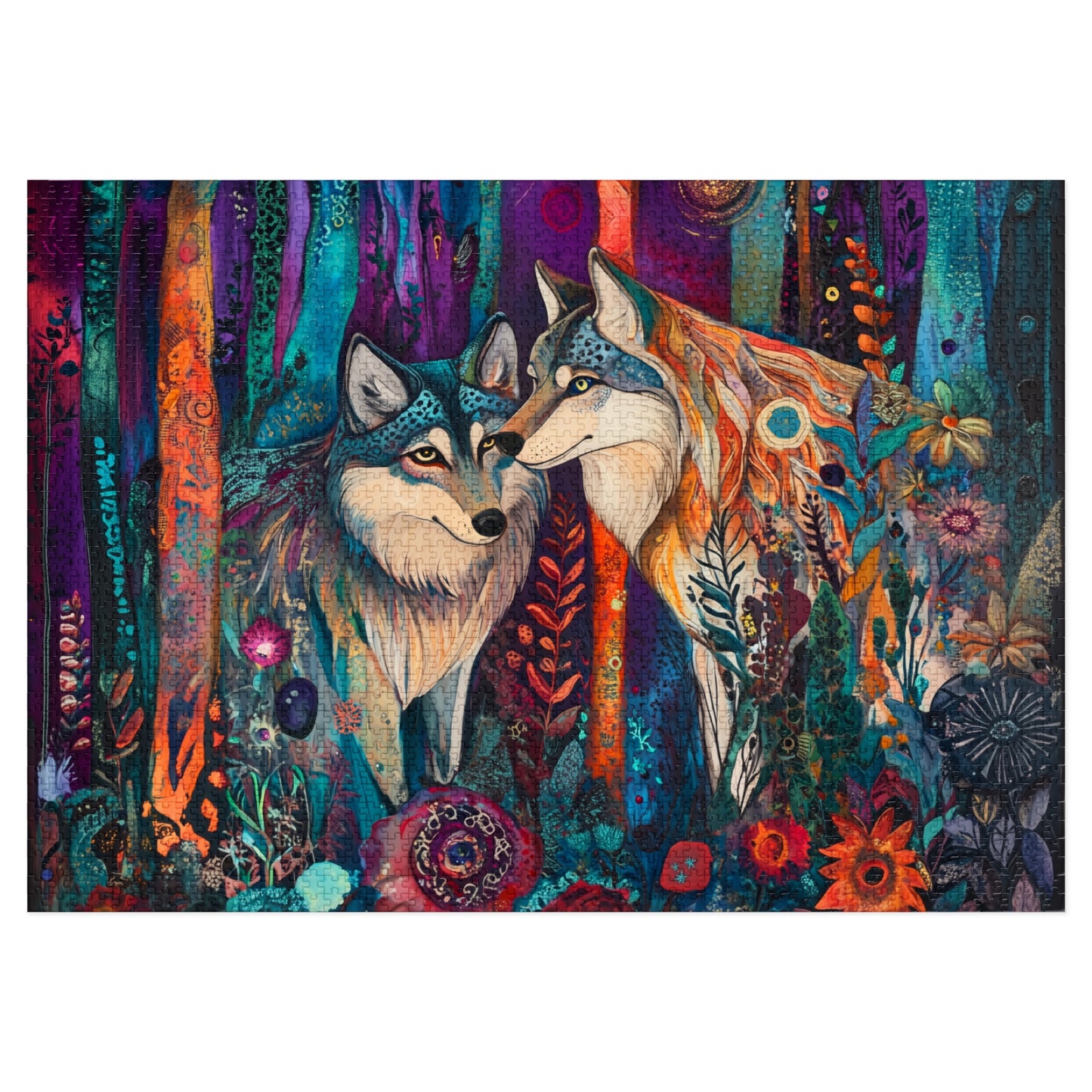 Mystic Wolves jigsaw puzzle with tin | colorful forest wolf art