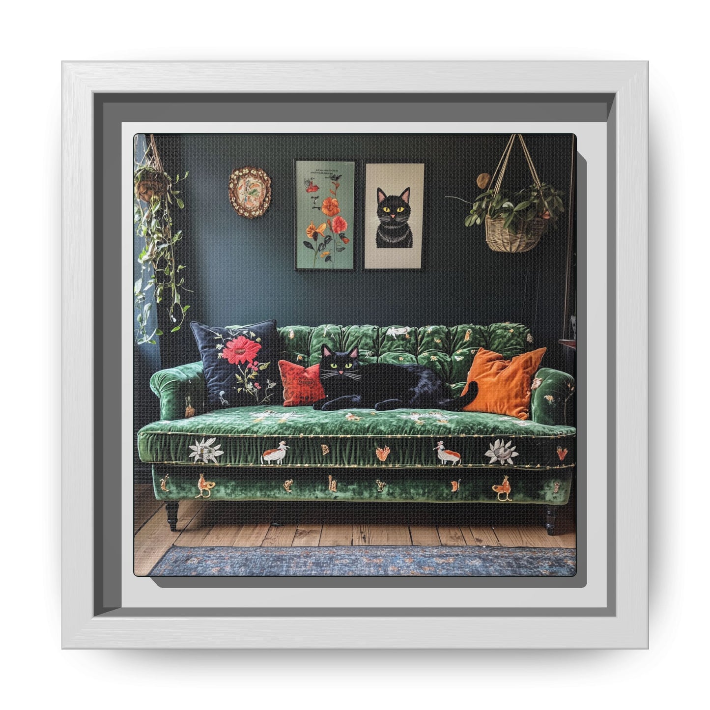 Black "House Cat" Living Room Art Matte Canvas Framed, Green Sofa Boho