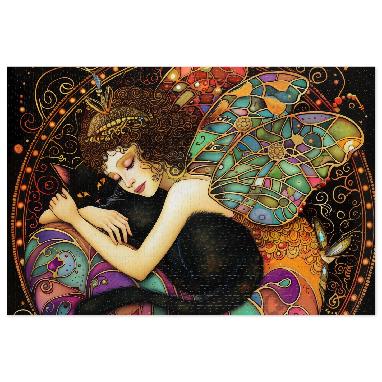 Sleeping Fairy with Black Cat Jigsaw Puzzle