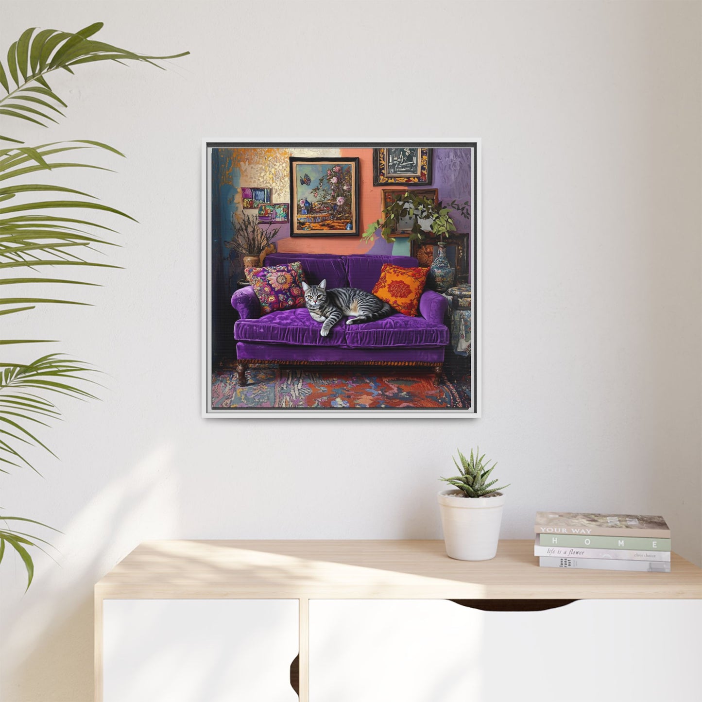 Tabby "House Cat" on Purple Velvet Sofa Matte Canvas Framed | Wall Art