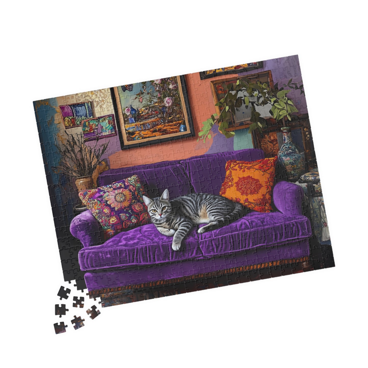 Tabby "House Cat" on Purple Couch Puzzle | 252-1014 Piece Jigsaw
