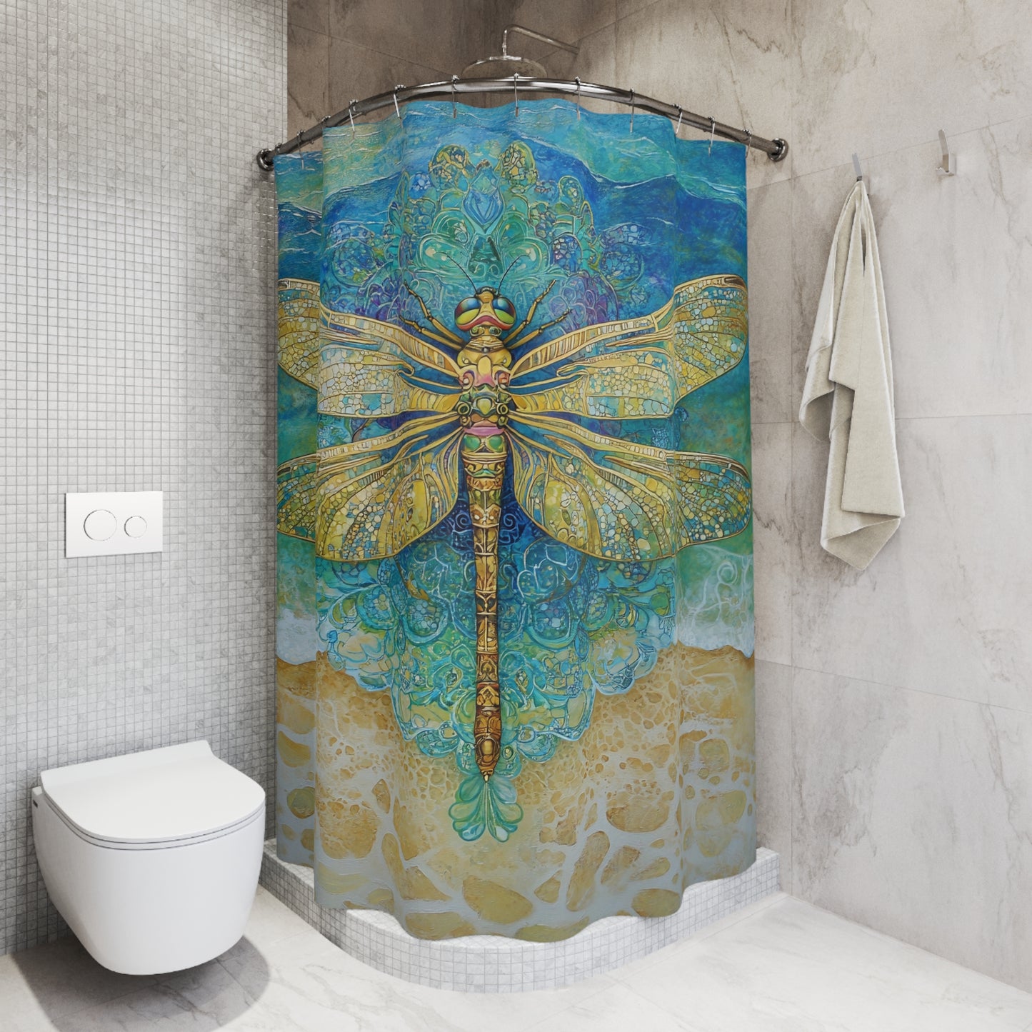 Golden Dragonfly Shower Curtain | Boho Ocean Mandala Bath Decor