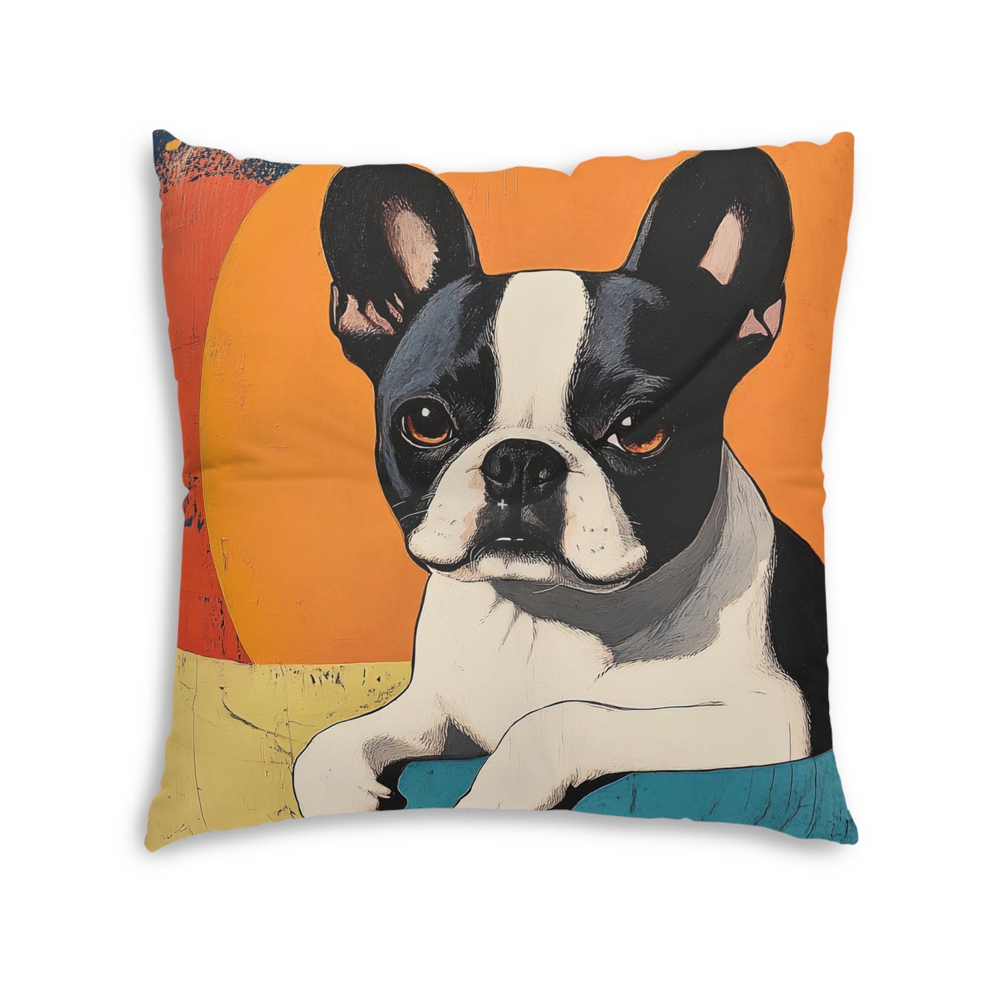 Mid Century Modern Boston Terrier Gift Tufted Floor Pillow | Retro Sunset Pet Portrait