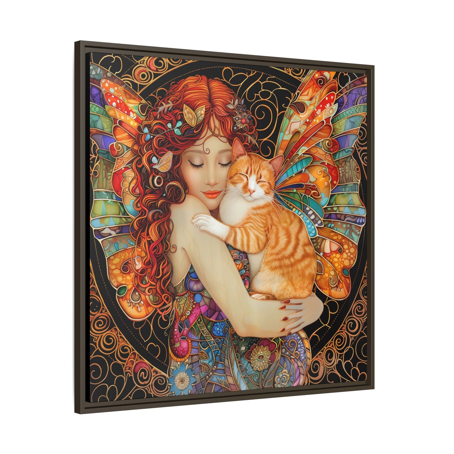 Framed "Tabby"  Fantasy Canvas Art Print - Whimsical Wall Decor, Fairy and Cat Illustration, Magical Gift for Cat Lovers