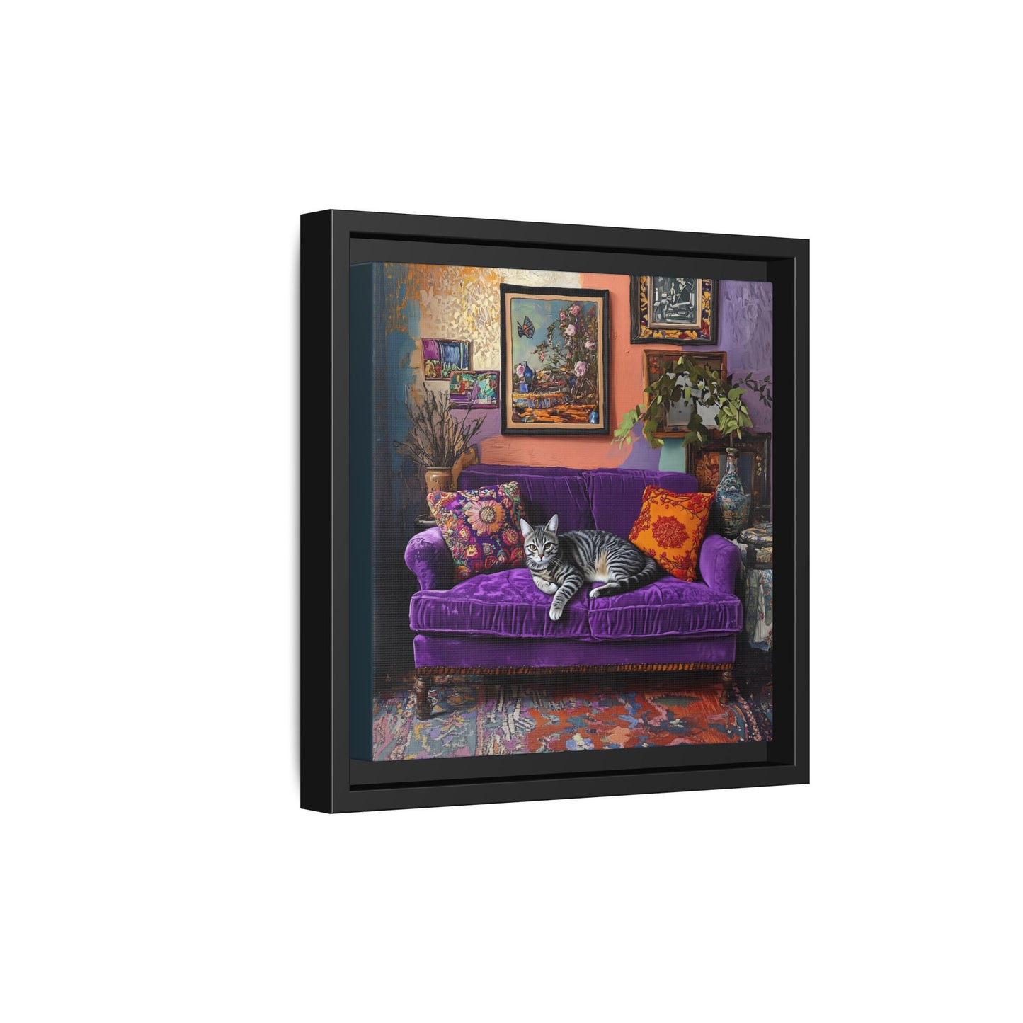 Tabby "House Cat" on Purple Velvet Sofa Matte Canvas Framed | Wall Art