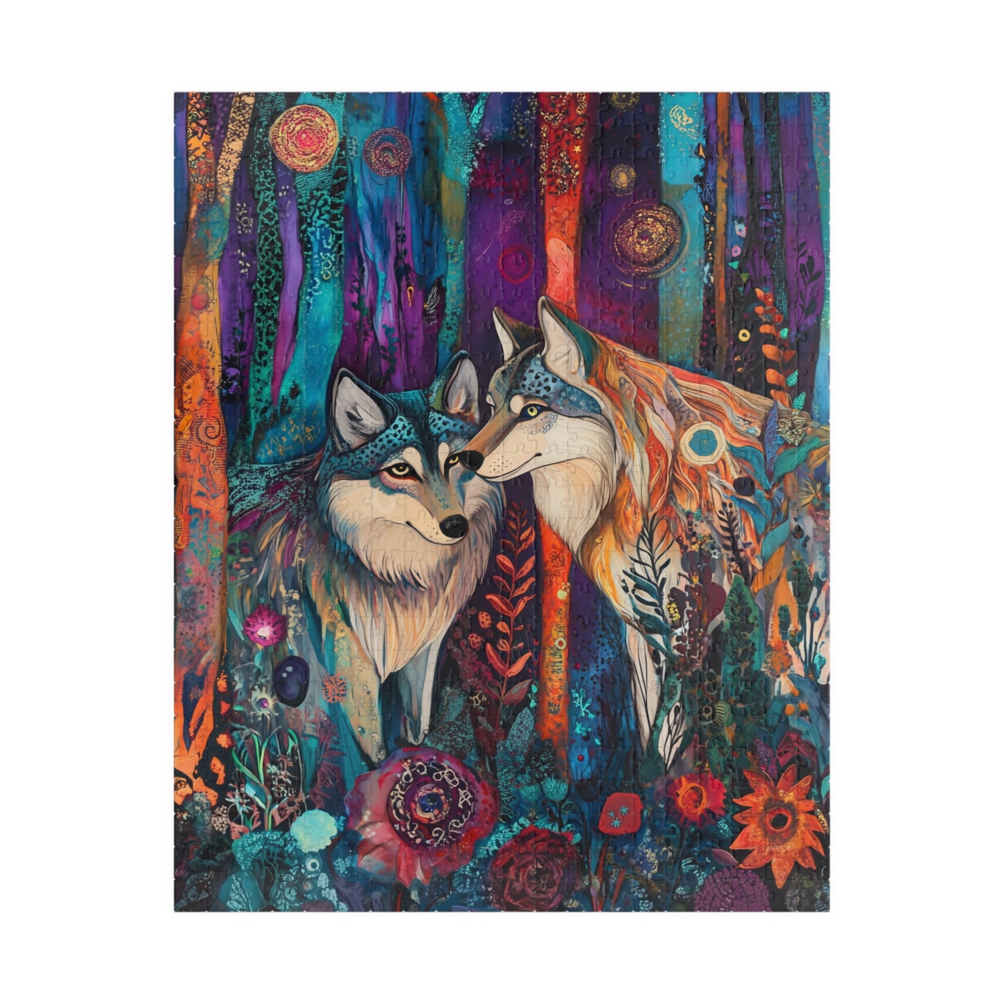 Whimsical Wolf Pair Puzzle | Colorful Forest Art Jigsaw