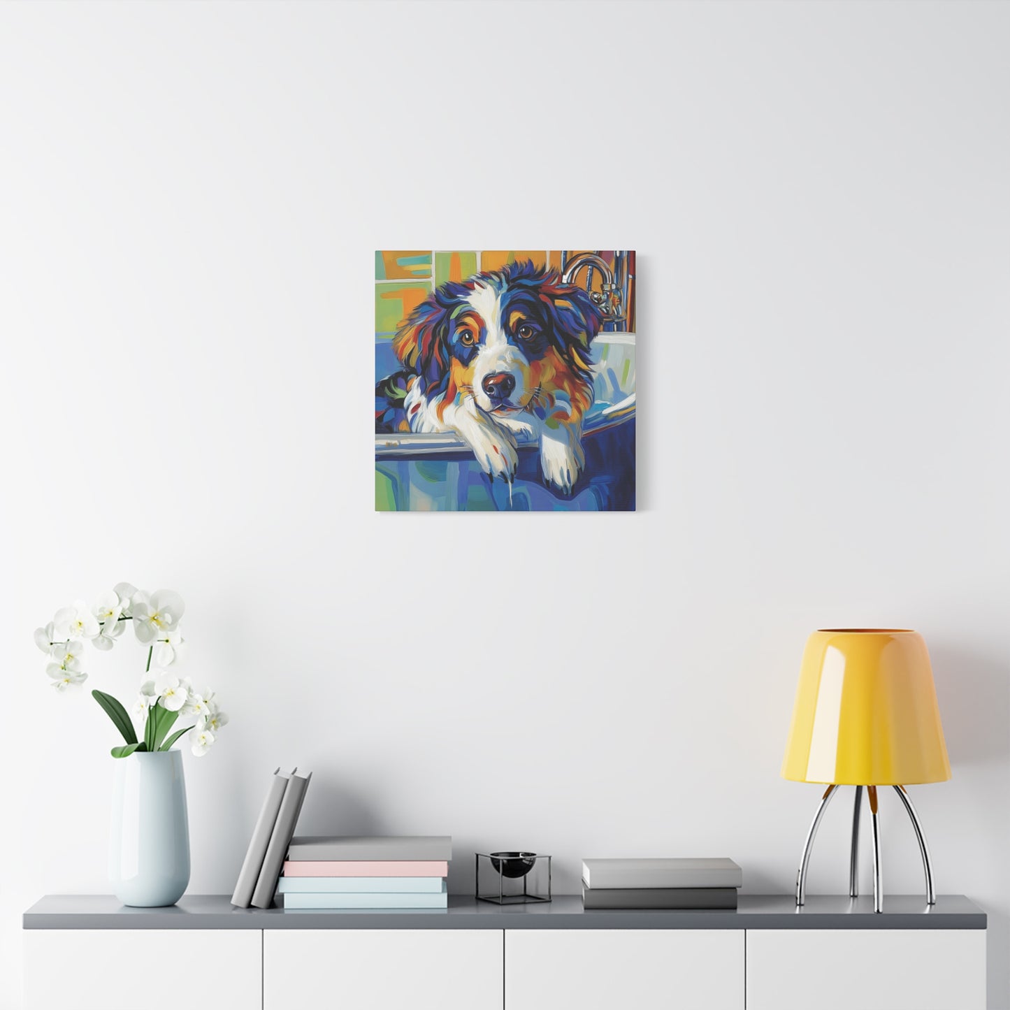 Aussie Bathtub Canvas, Australian Shepherd Art, Aussie Canvas, Tri Color Australian Shepherd Art, Dog Bathtub Prints