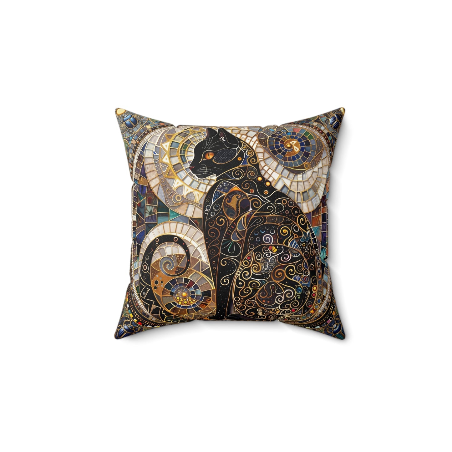 Mosaic Black Cat Pillow  Faux Suede Square Pillow