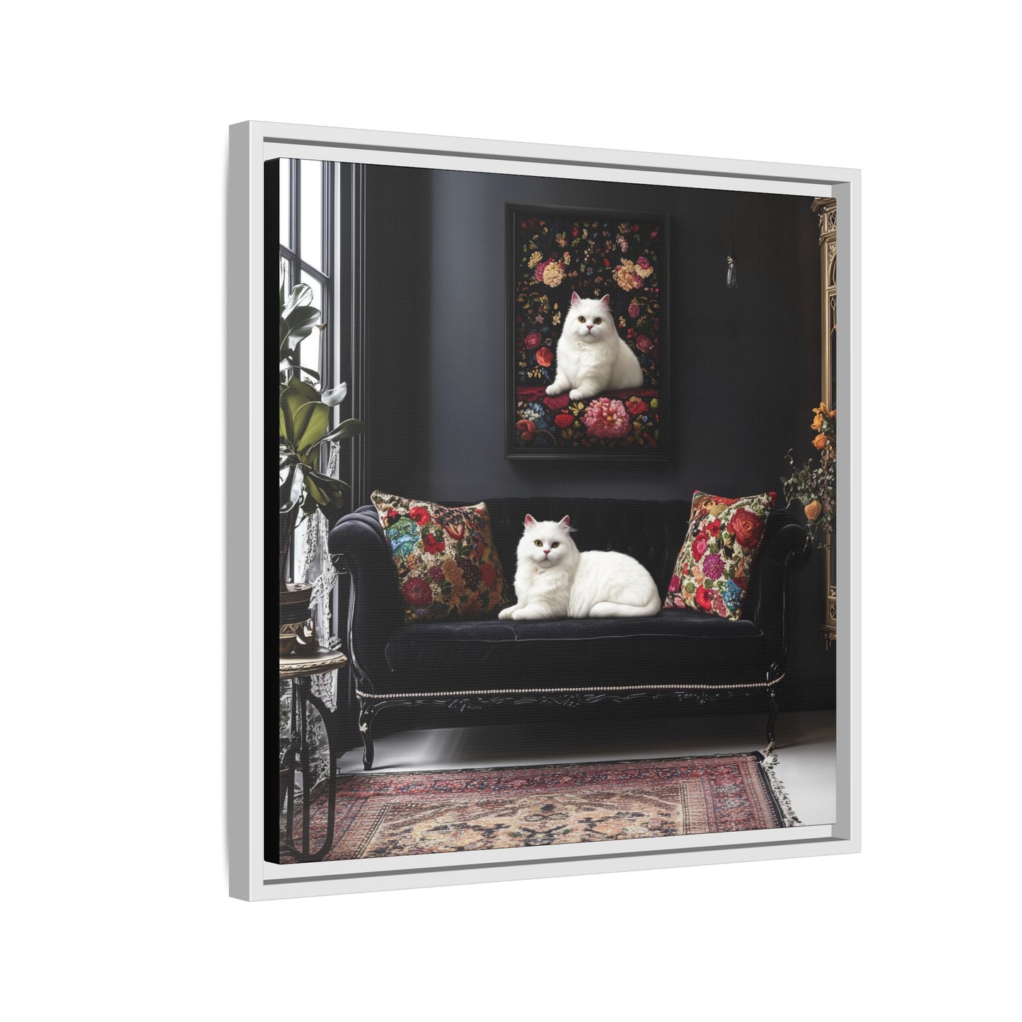White Persian "House Cat" Portrait Matte Canvas Framed | Floral Still Life Wall Art