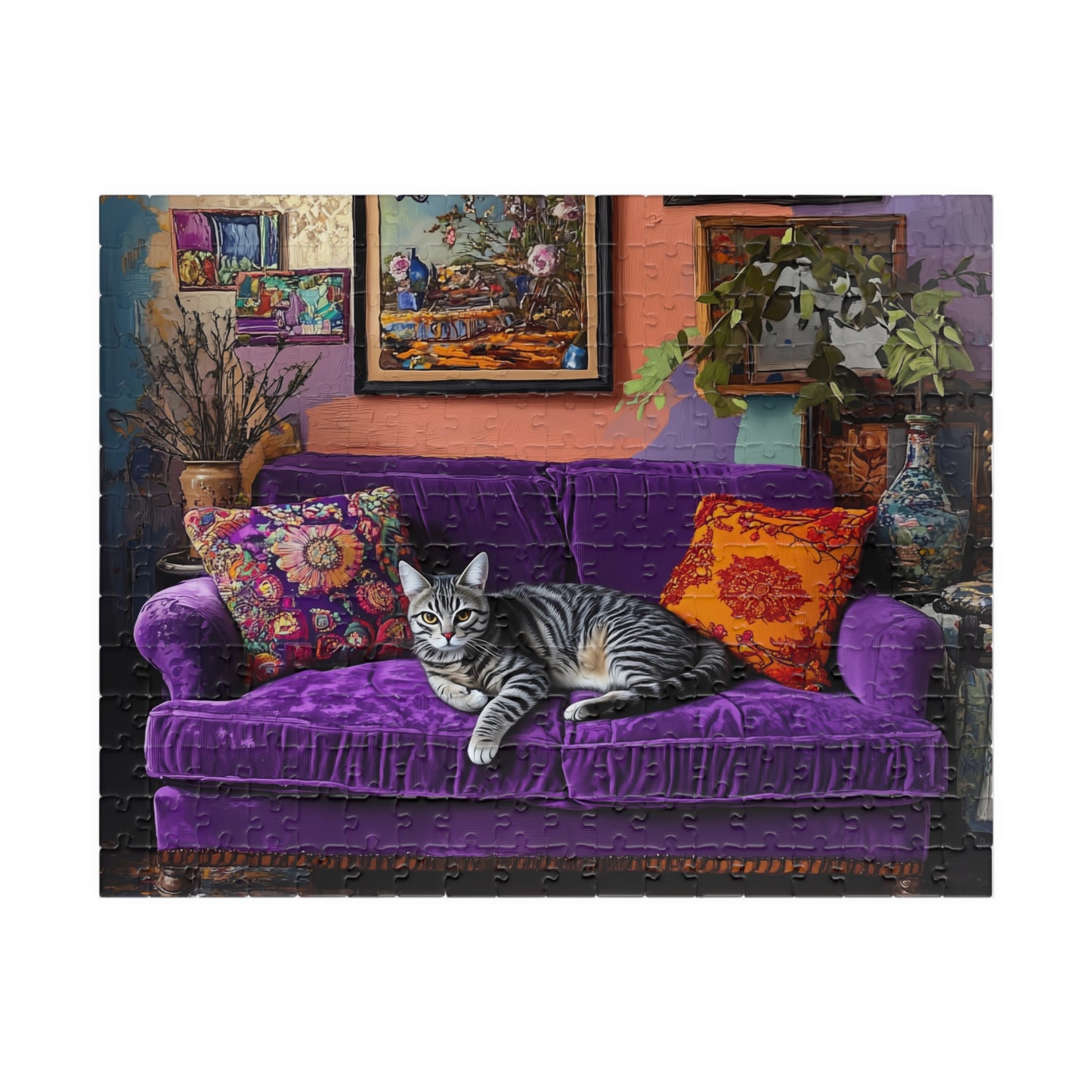 Tabby "House Cat" on Purple Couch Puzzle | 252-1014 Piece Jigsaw