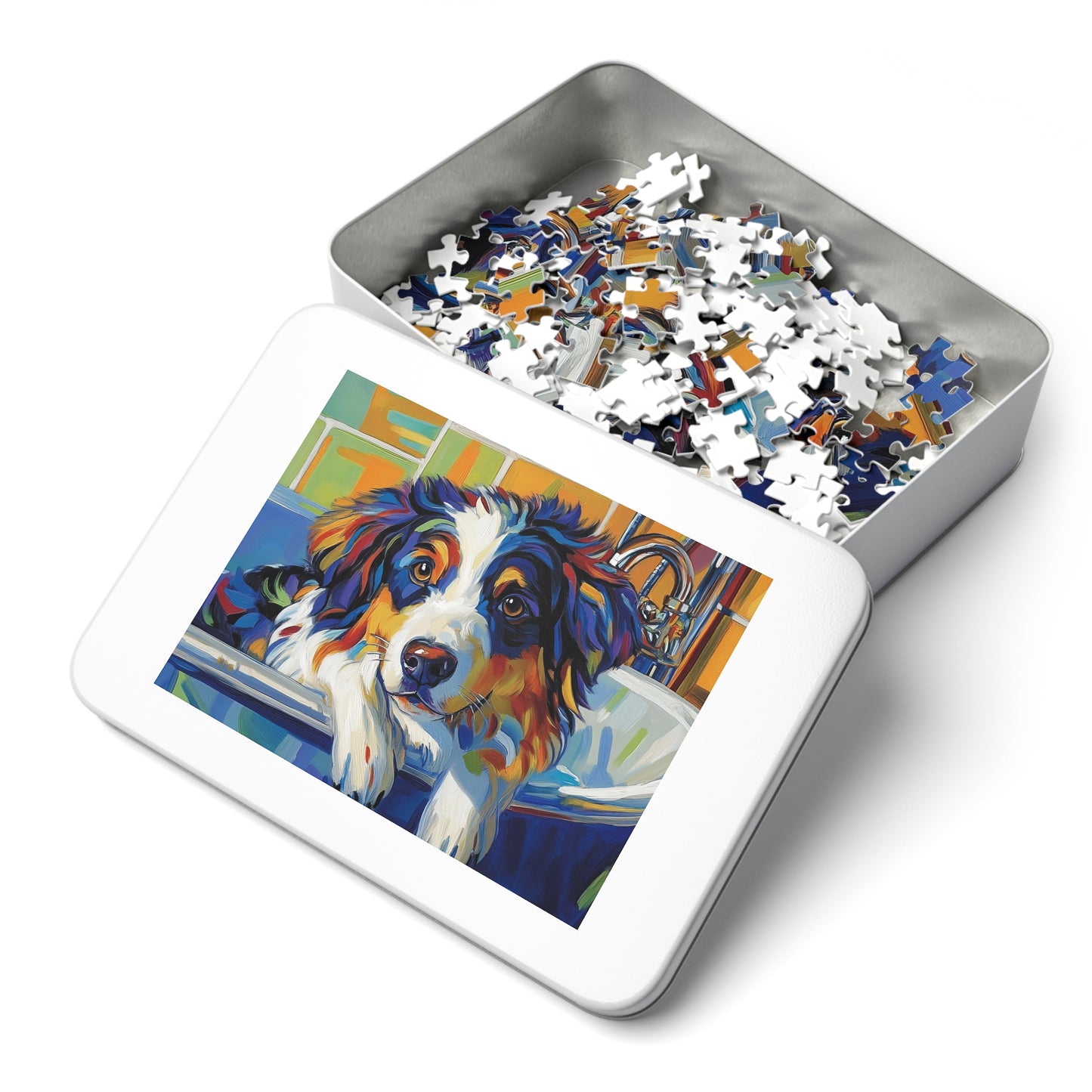 Bathtub Puppy Aussie Dog Jigsaw Puzzle with Tin | 500pc Painted Pet Art, Australian Shepherd Gift
