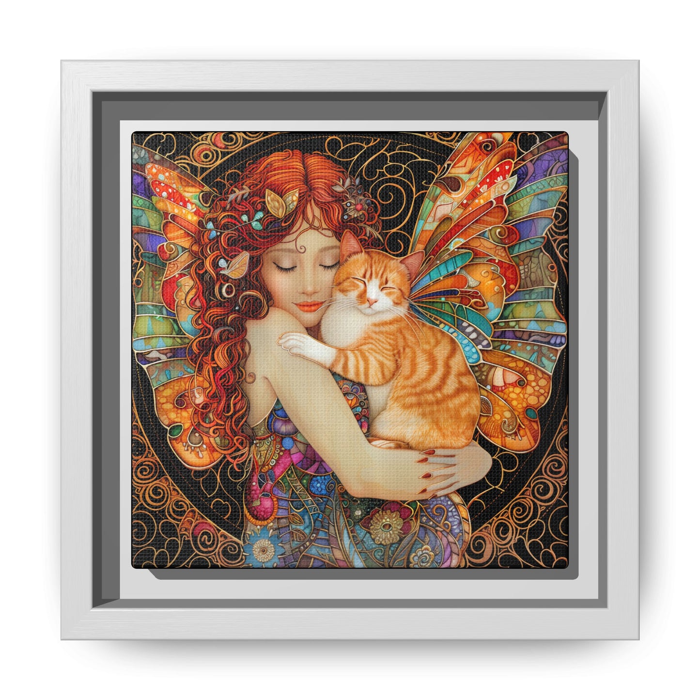 Framed "Tabby"  Fantasy Canvas Art Print - Whimsical Wall Decor, Fairy and Cat Illustration, Magical Gift for Cat Lovers