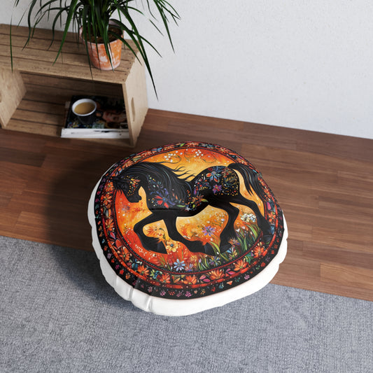 Colorful Horse Tufted Floor Pillow, Bohemian Decor, Round Cushion for Living Room, Meditation, Animal Lover Gift, Home Accessories