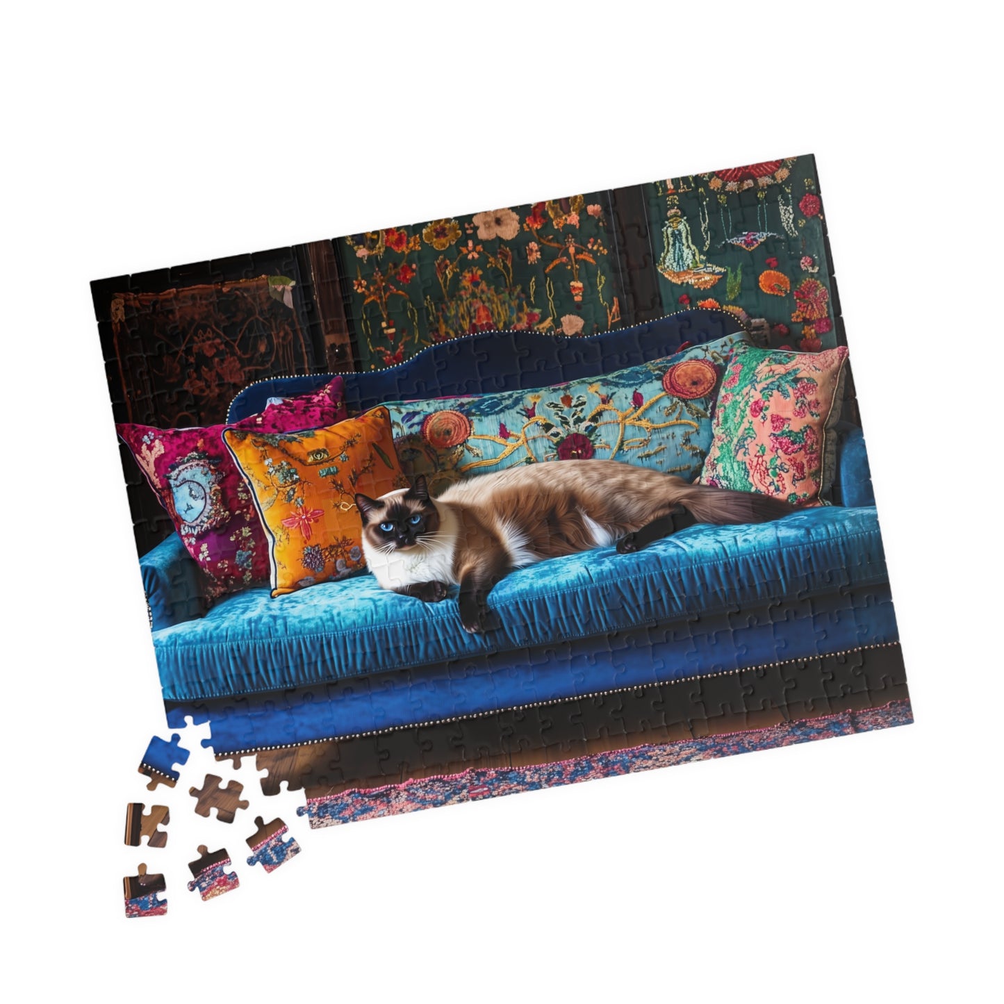 Siamese "House Cat" on Blue Velvet Sofa Puzzle | 252/520/1014-piece Jigsaw