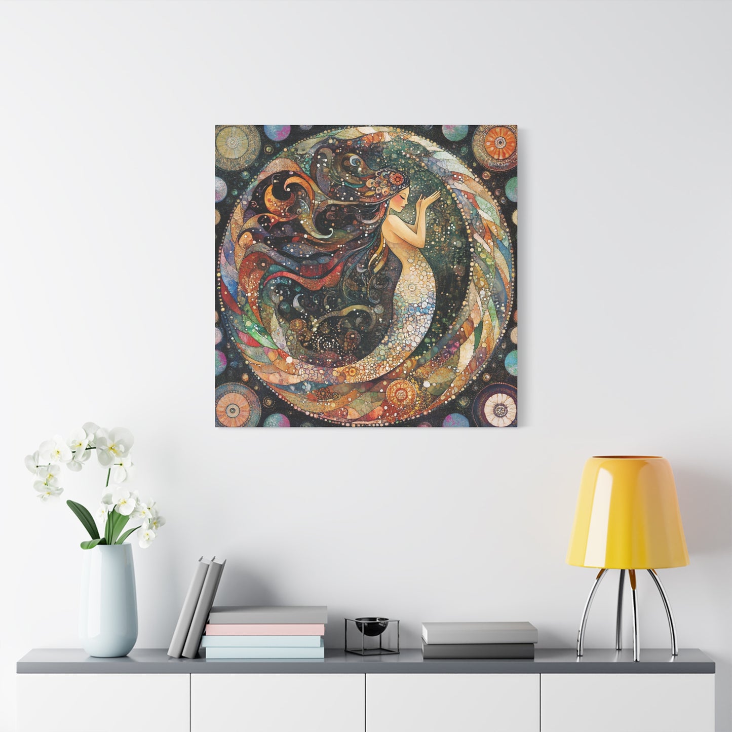 Autumnl Mermaid Canvas Art, Stretched Wall Decor, Bohemian Home Accent, Unique Gift for Sea Lovers, Nautical Art Piece, Coastal Room Decor