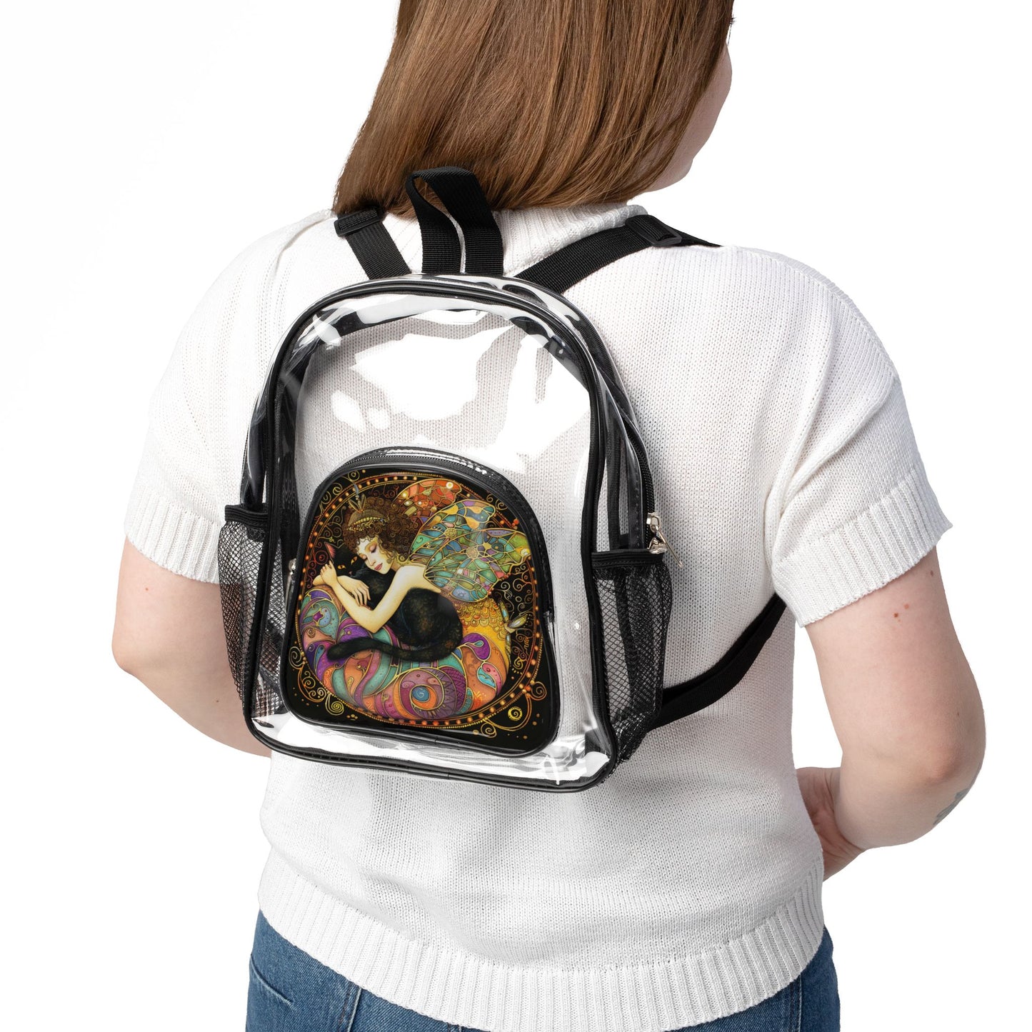 Fairy Cat Clear Stadium Backpack with Artistic Design, Transparent Bag, Festival Ready, Game Day Essentials, Eco-Friendly Carryall