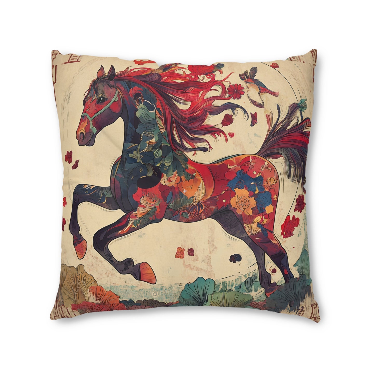 Year of the Horse Tufted Floor Pillow, Square | Colorful Equestrian Accent Cushion