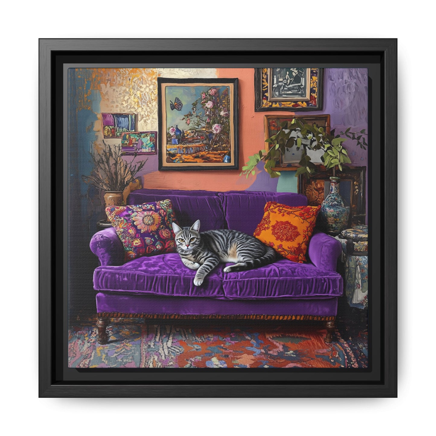 Tabby "House Cat" on Purple Velvet Sofa Matte Canvas Framed | Wall Art