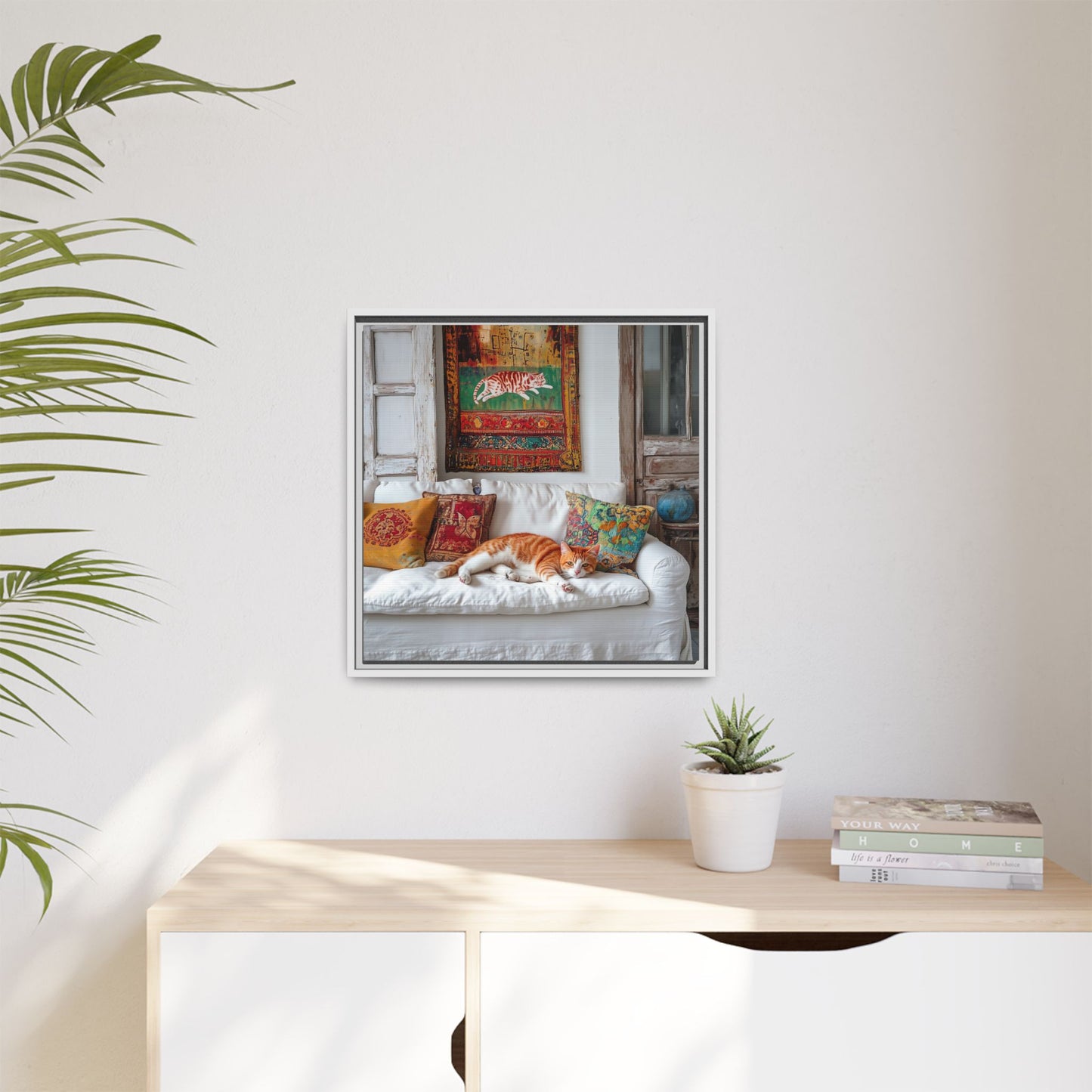 Orange Tabby "House Cat" Sleeping Ginger Cat Sofa Photo Framed Canvas