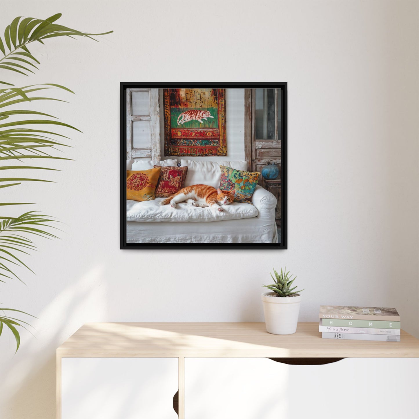 Orange Tabby "House Cat" Sleeping Ginger Cat Sofa Photo Framed Canvas