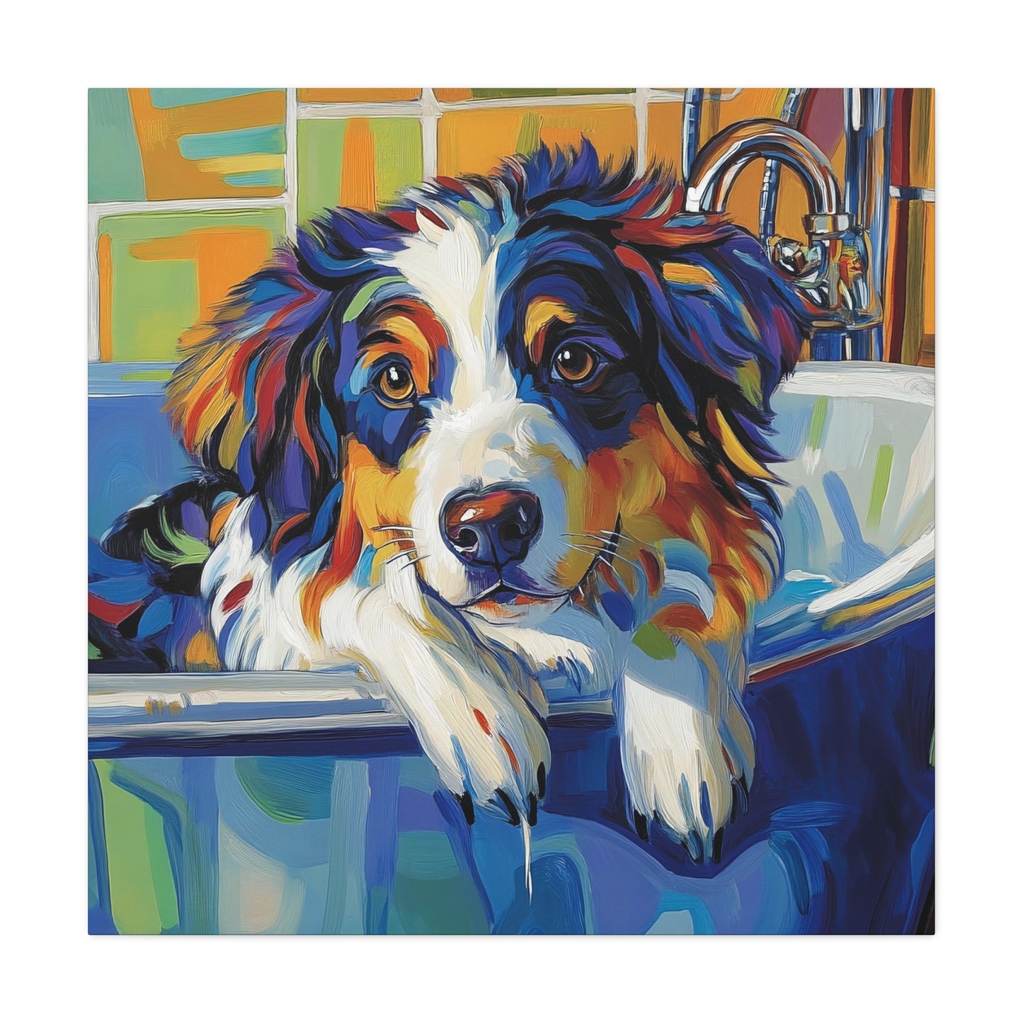 Aussie Bathtub Canvas, Australian Shepherd Art, Aussie Canvas, Tri Color Australian Shepherd Art, Dog Bathtub Prints