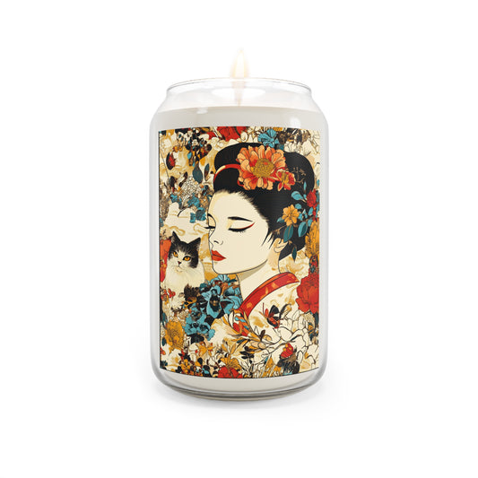 Geisha Cat Floral Scented Soy Candle, Relaxing Home Decor, Gift for Her, Aromatherapy Candle, Unique Housewarming Gift