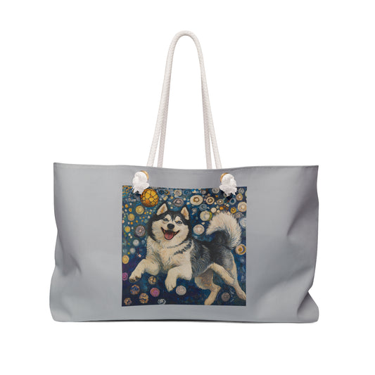 Happy Husky Weekender Bag, Travel Tote, Pet Lover Gift, Beach Bag, Overnight Carryall, Dog Art Design