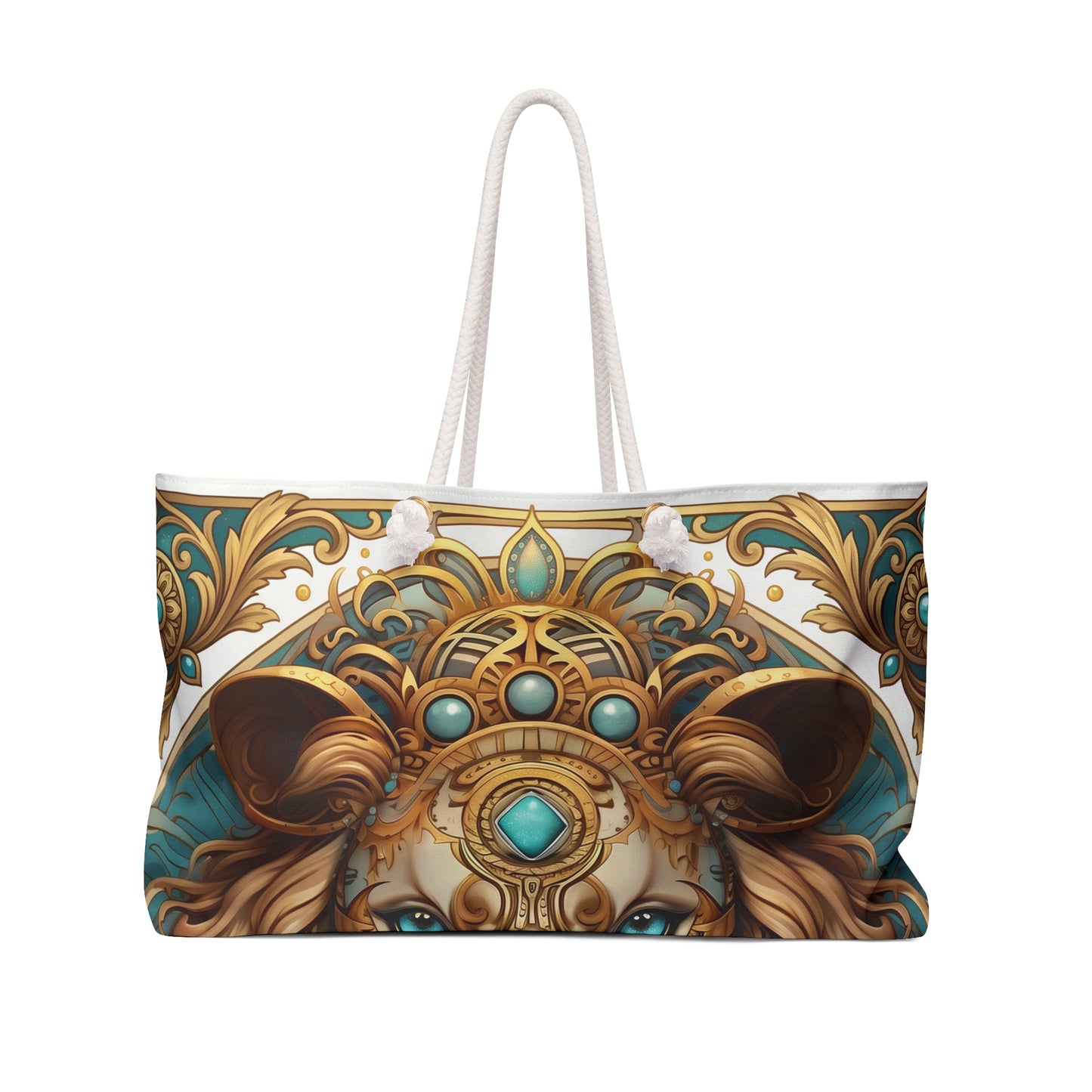 Ornate Lion Tote Mandala Weekender Bag  Turquoise Gold Boho Travel Tote