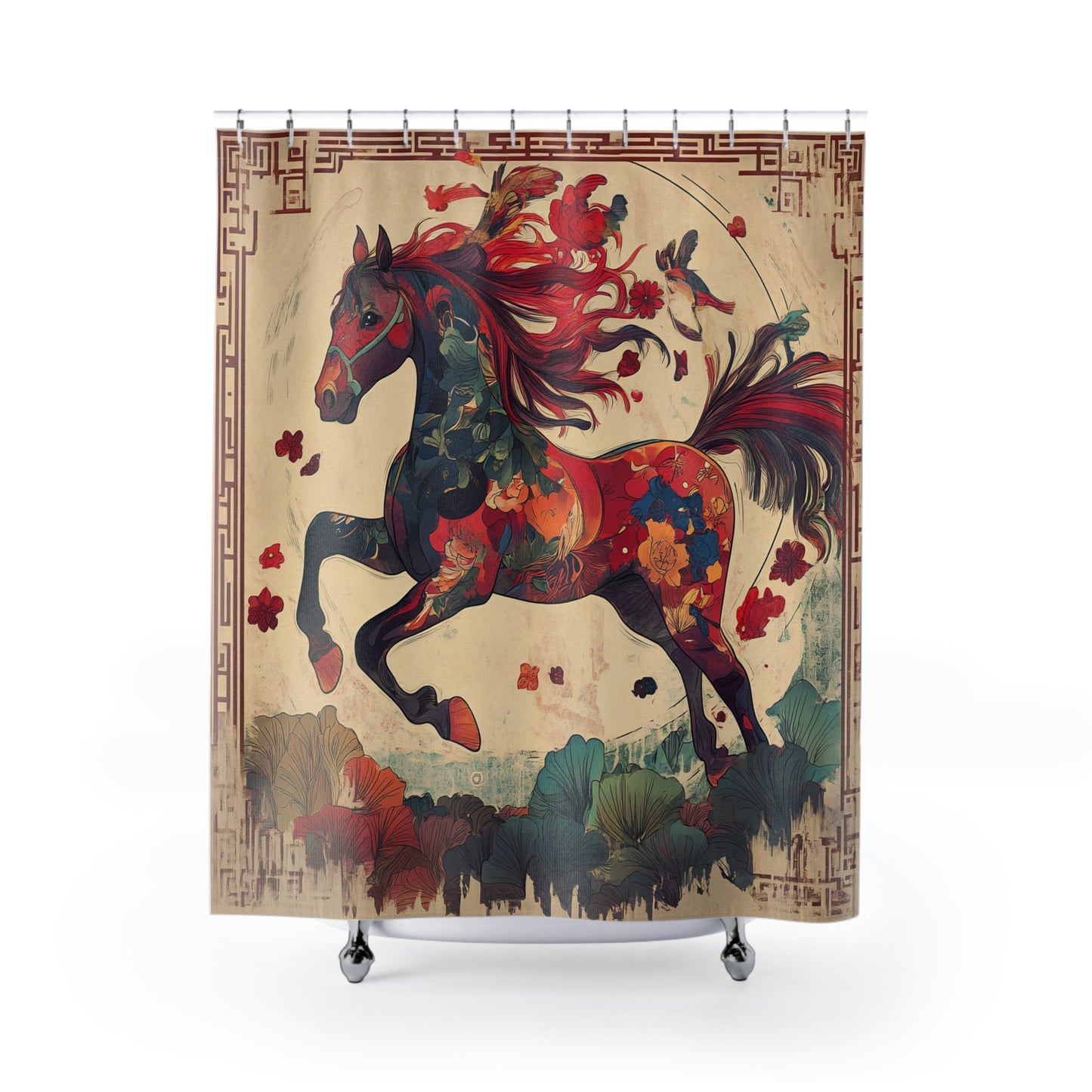 Year of The Firel Horse Shower Curtain — Vibrant Red Mane Equestrian Art