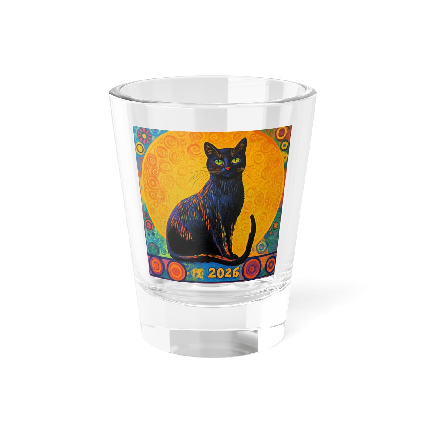 Happy New Year Black Cat Artwork 2026 Shot Glass | 2026 Colorful Cat Design