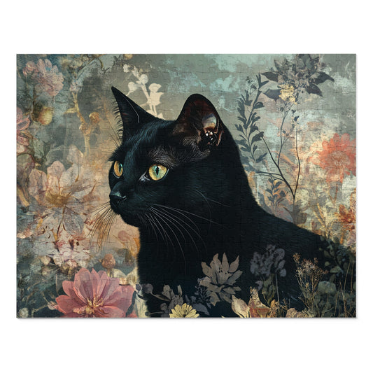 Black Cat Floral Art Jigsaw Puzzle with Tin